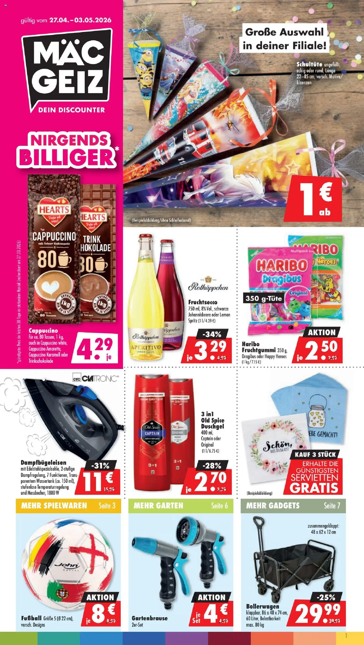 Mäc Geiz Prospekt 	 – gültig ab 27.04.2026 | Seite: 1 | Produkte: Haribo, Fußball, Fruchtsecco, Duschgel
