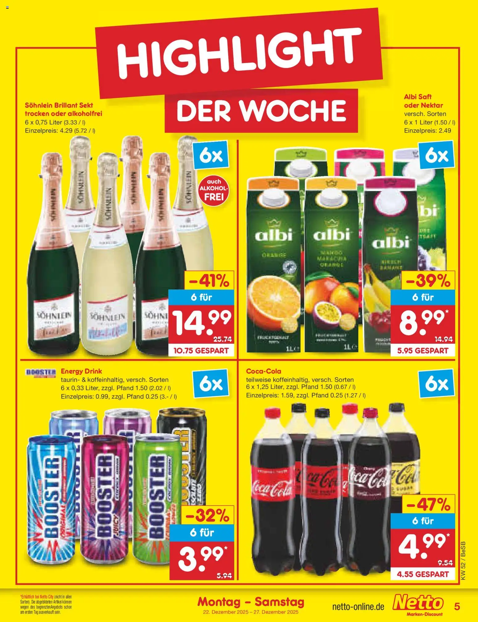 Netto Marken-Discount Prospekt 	 – gültig ab 22.12.2025 | Seite: 5 | Produkte: Cola, Energy, Sekt, Saft