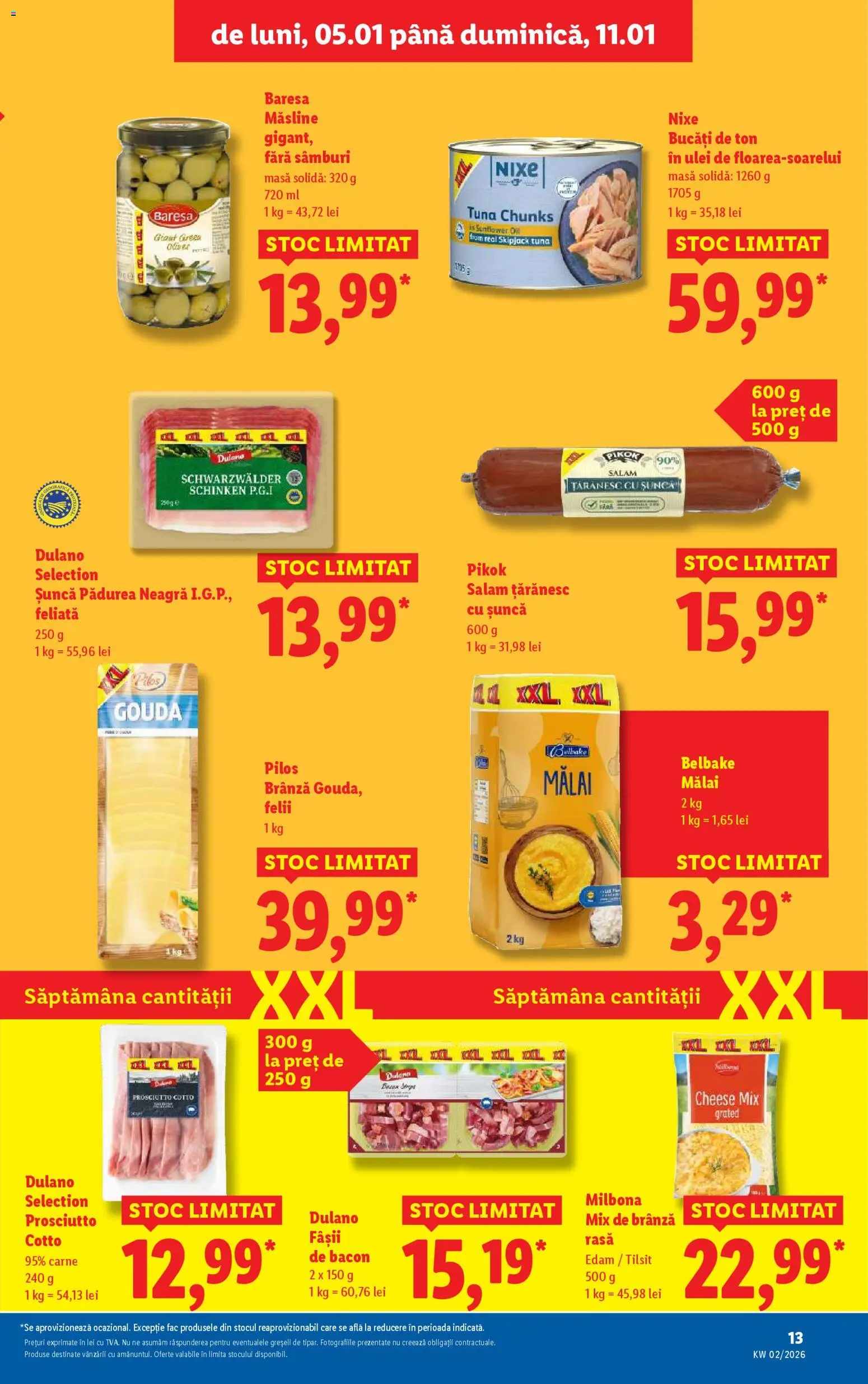 Noul catalog Lidl – valabil de la 05.01.2026 | Pagină: 13 | Produse: Măsline, Bacon, Brânză, Șuncă
