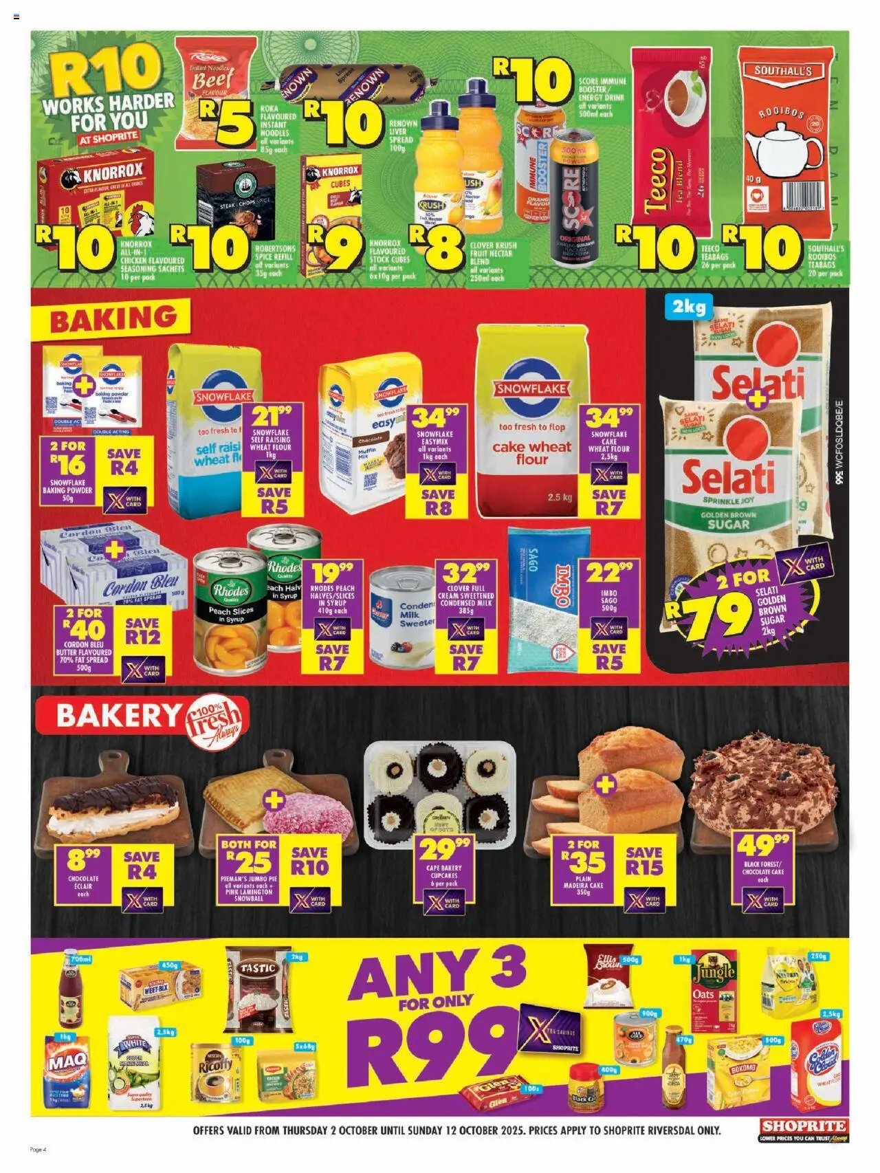 New Shoprite catalogue – valid from 02.10.2025 | Page: 4 | Products: Flour, Oats, Chocolate, Flakes
