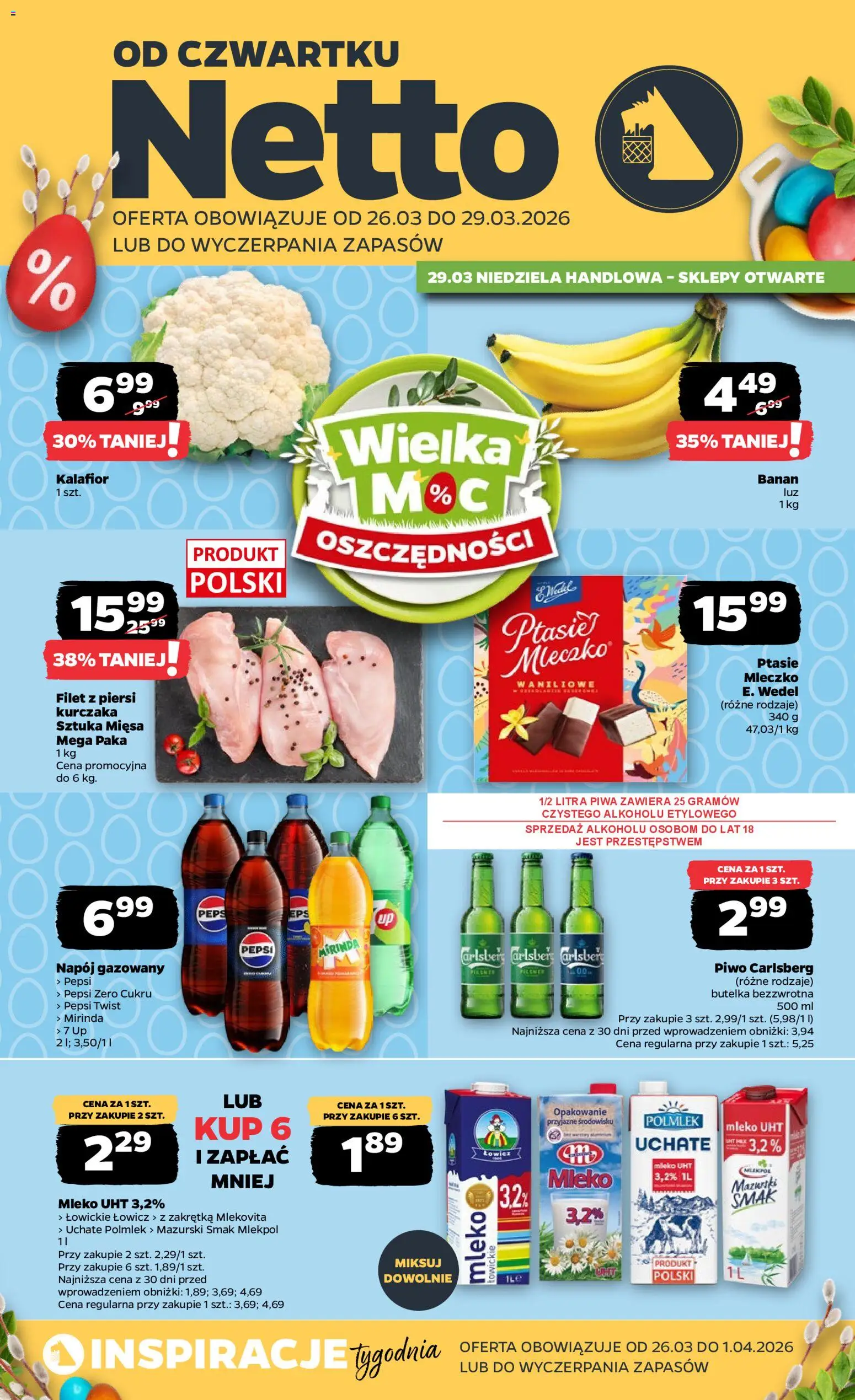 Netto gazetka od czwartku spożywcza od 26.03.2026 | Strona: 1 | Produkty: Kalafior, Pepsi, Piwo Carlsberg, Banan
