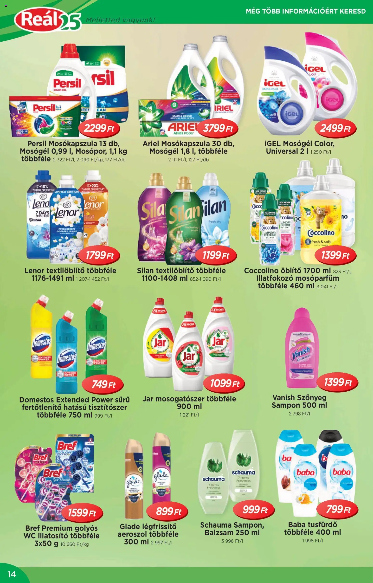 Reál akciós ujság - amely érvényes a következő dátumtól: 14.01.2026 | Oldal: 14 | Termékek: Jar mosogatószer, Mosógél, WC, Légfrissítő