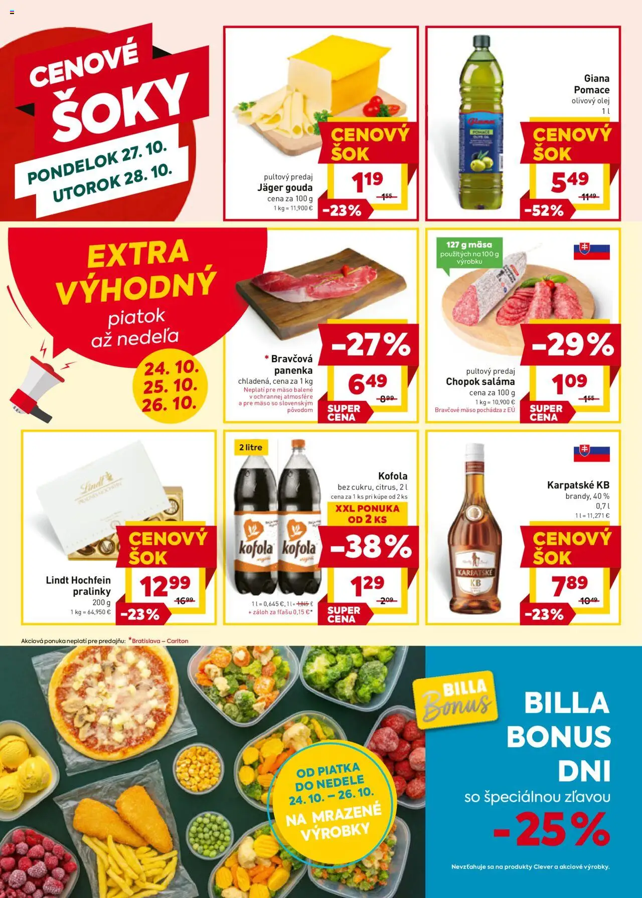 Nové Billa akcie – leták je platný od 22.10.2025 | Strana: 20 | Produkty: Gouda, Bravčová panenka, Kofola, Bravčové mäso