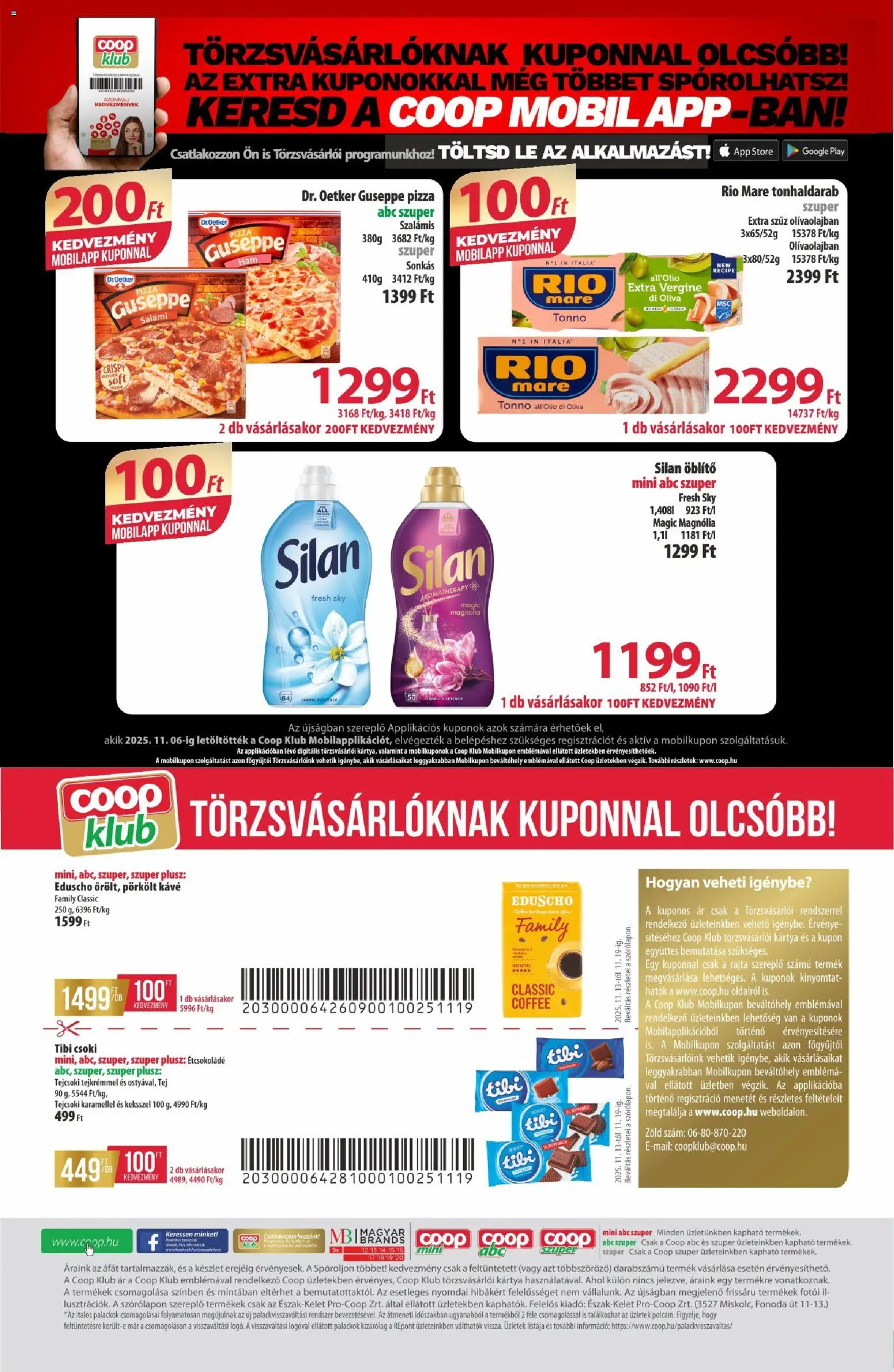COOP akciós ujság - amely érvényes a következő dátumtól: 13.11.2025 | Oldal: 11 | Termékek: Öblítő, Étcsokoládé, Tej, Pizza