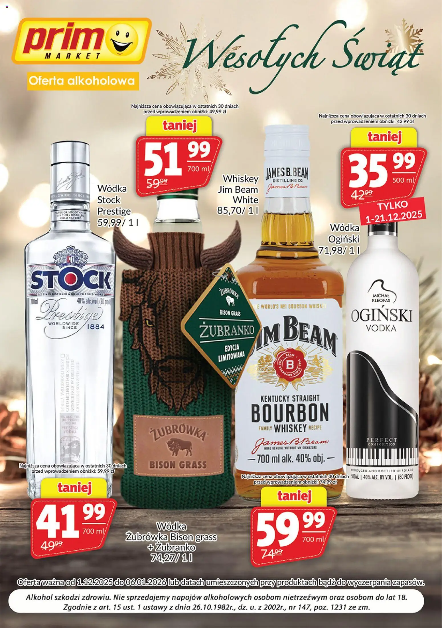 Prim Market Gazetka - Oferta alkoholowa od 01.12.2025 | Strona: 1 | Produkty: Ogiński, Bourbon, Vodka, Alkohol