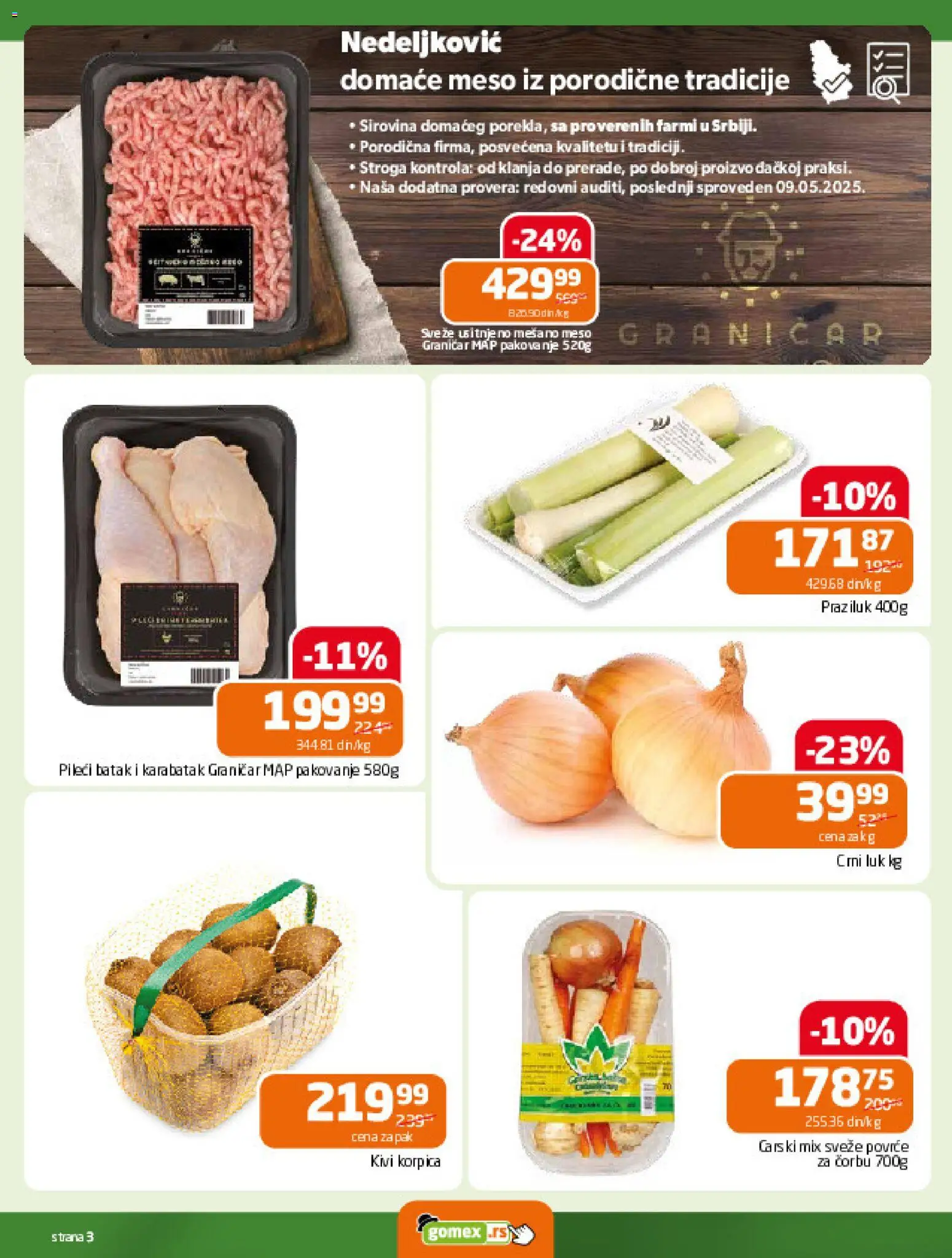 Gomex katalog - važi od 17.12.2025 | Strana: 3 | Proizvode: Kivi, Pileći batak, Pakovanje, Praziluk