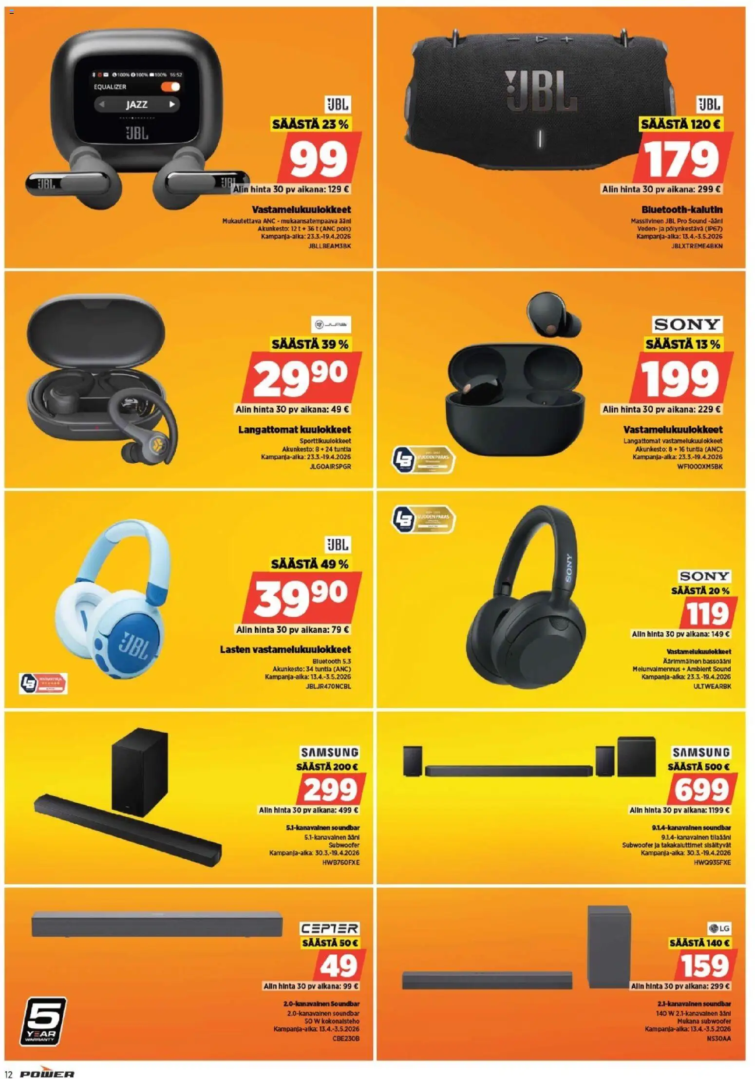 Power tarjoukset – voimassa 13.04.2026 alkaen | Sivu: 12 | Tuotteet: Vastamelukuulokkeet, Soundbar, Langattomat kuulokkeet, Kuulokkeet