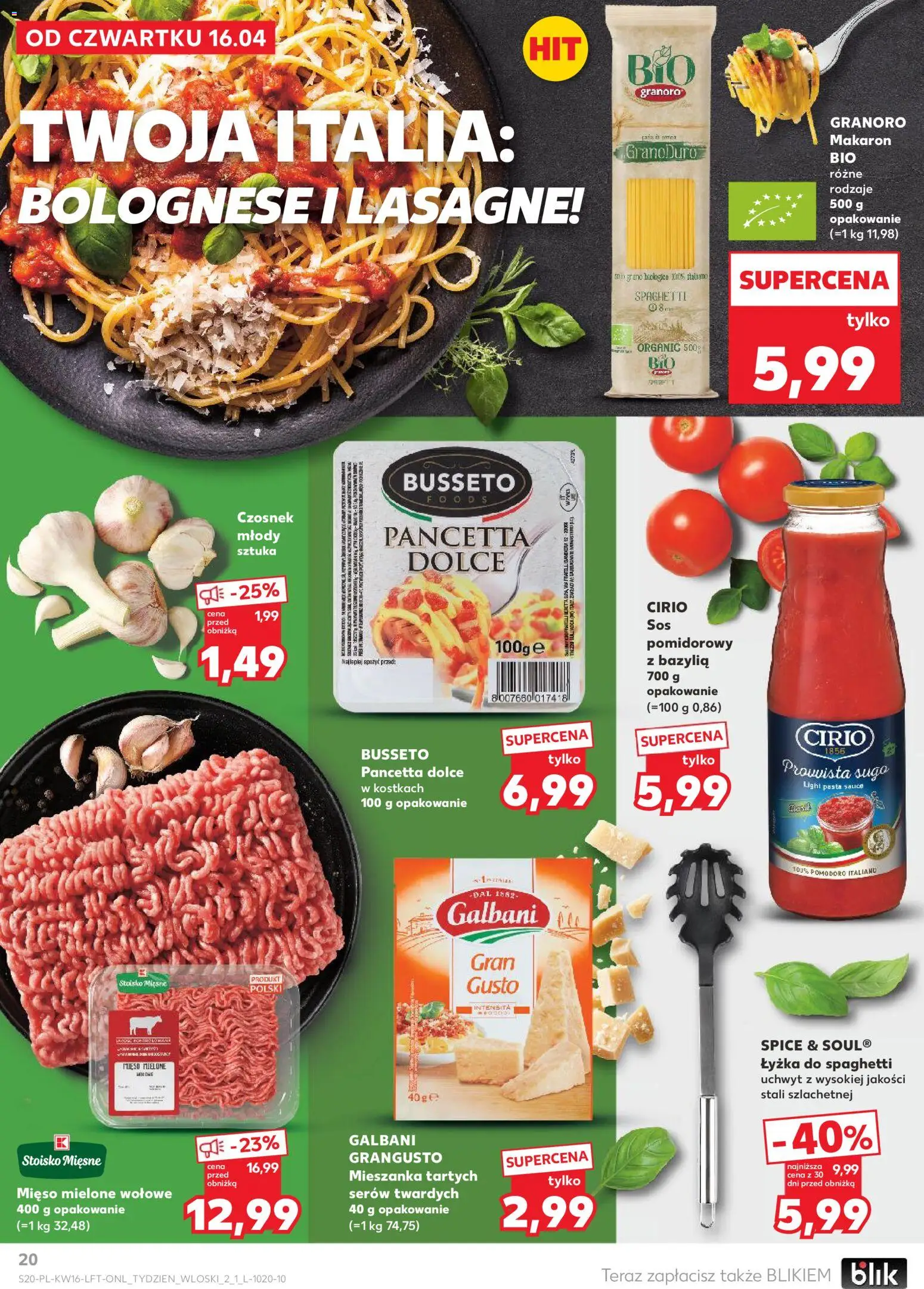 Kaufland gazetka od 16.04.2026 | Strona: 20 | Produkty: Mięso, Lasagne, Bazylia, Makaron