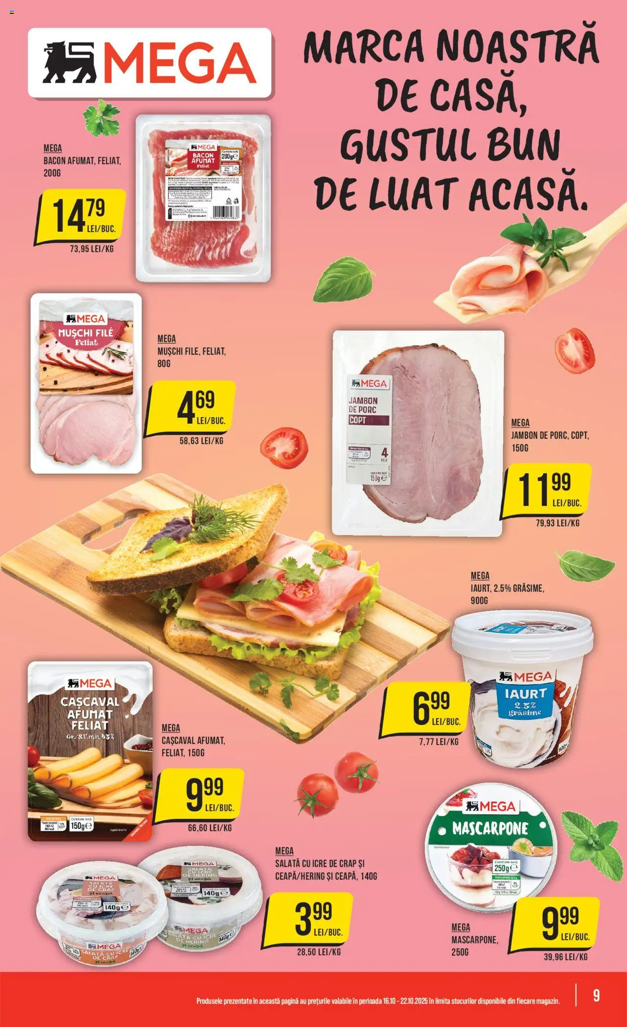 Noul catalog Mega Image – valabil de la 16.10.2025 | Pagină: 9 | Produse: Cașcaval, Iaurt, Salată cu icre, Salată