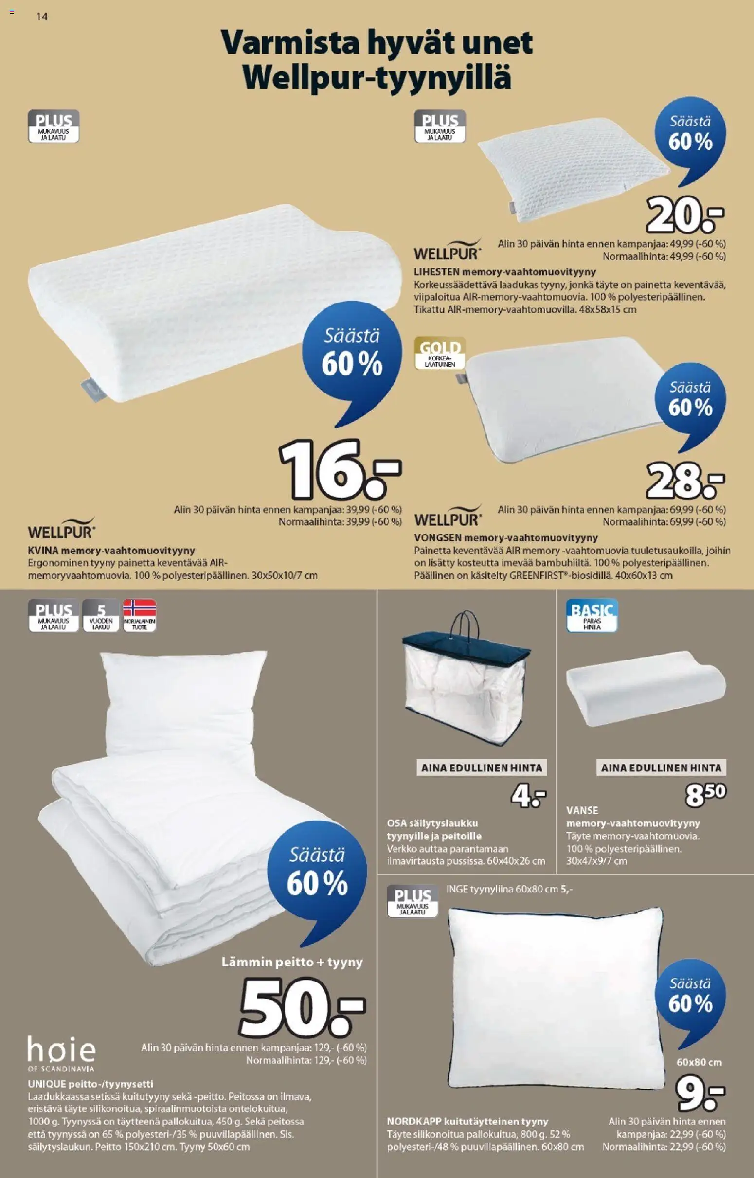 JYSK - Tarjoukset – voimassa 05.03.2026 alkaen | Sivu: 14 | Tuotteet: Tyyny, Peitto, Tyynyliina