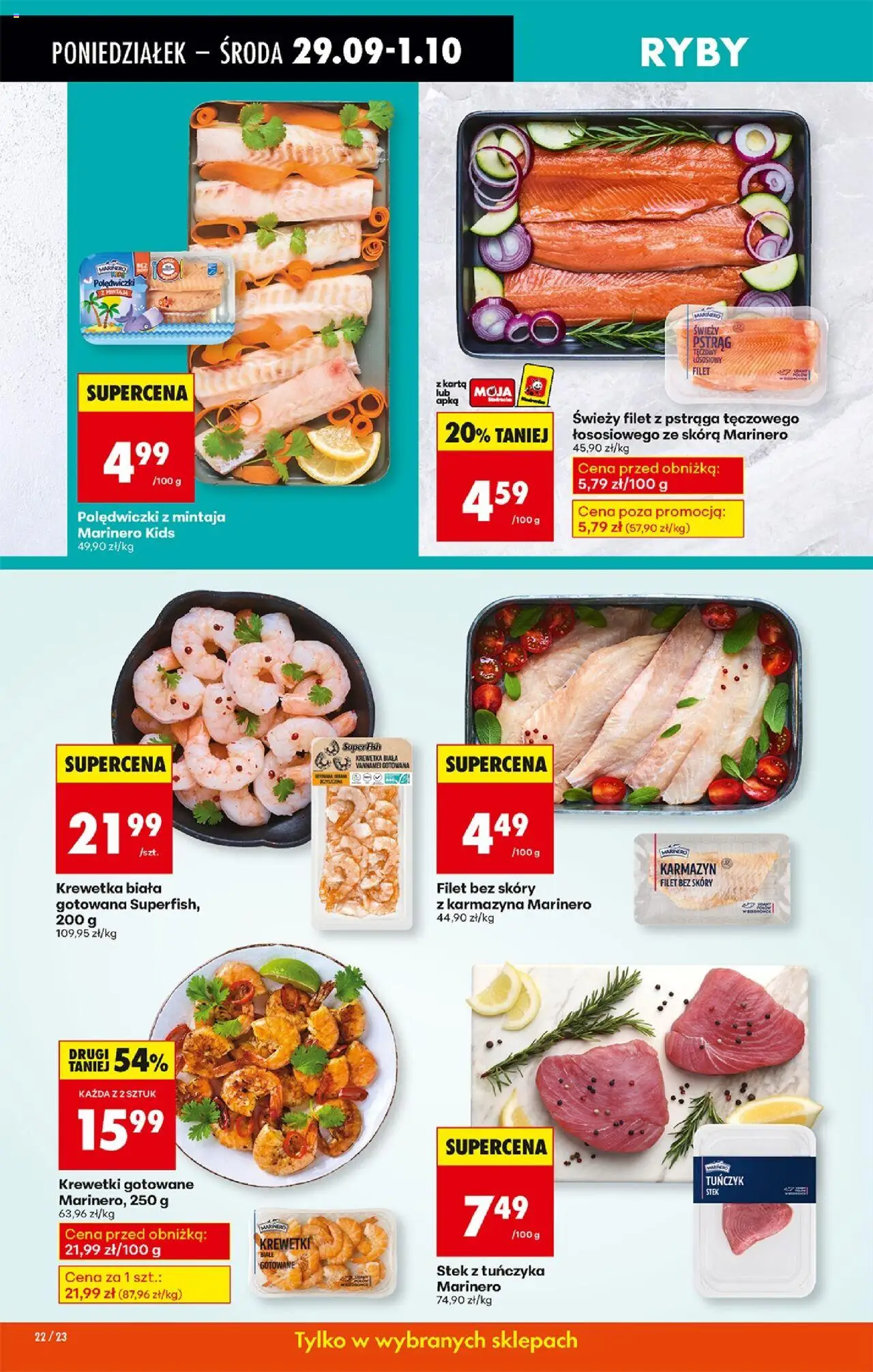 Biedronka gazetka od 29.09.2025 | Strona: 30 | Produkty: Świeży pstrąg, Pstrąg, Tuńczyk, Krewetki gotowane