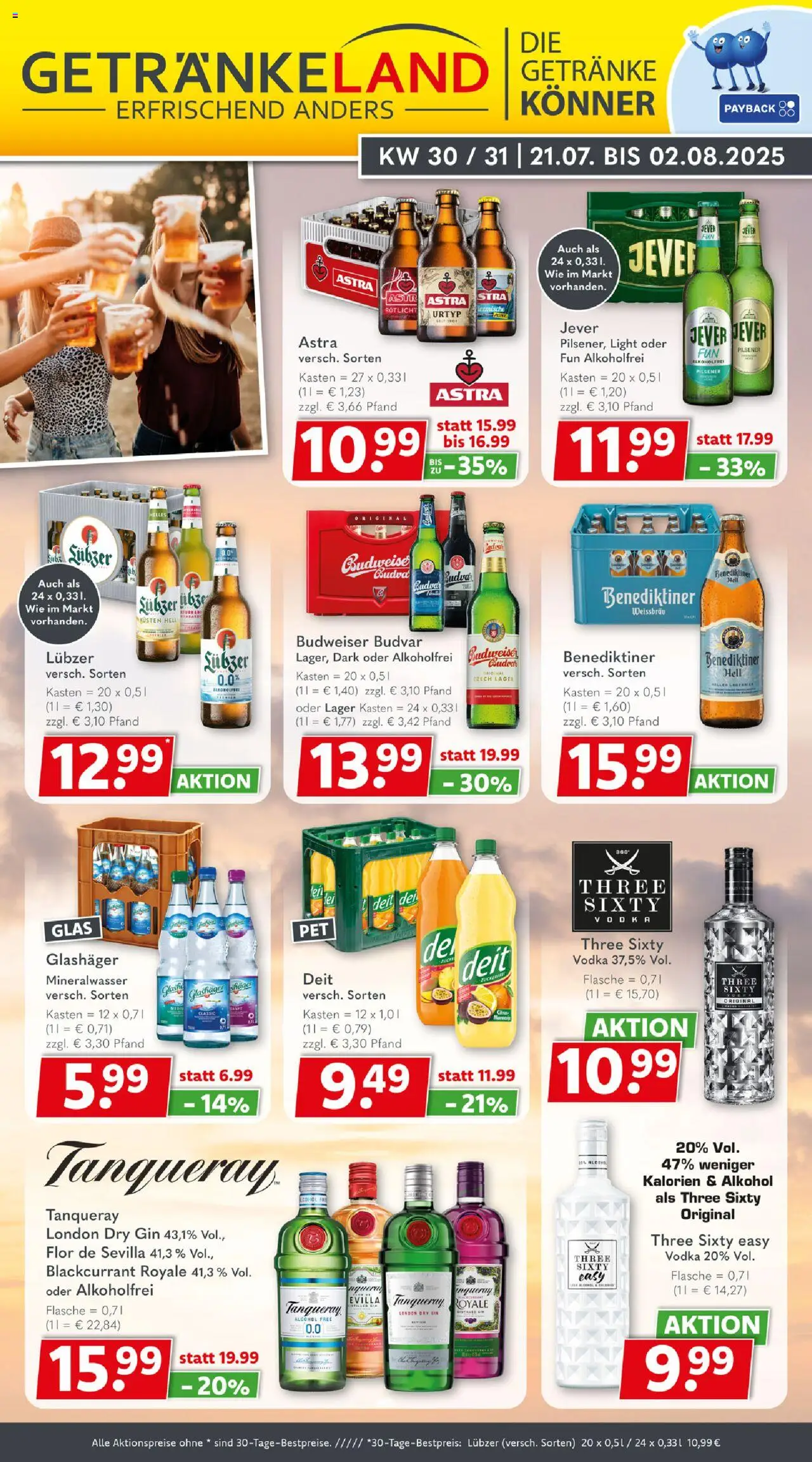 Getränkeland Prospekt 	 - gültig ab dem 21.07.2025 | Seite: 1 | Produkte: Astra, Jever, Budweiser, Lubzer