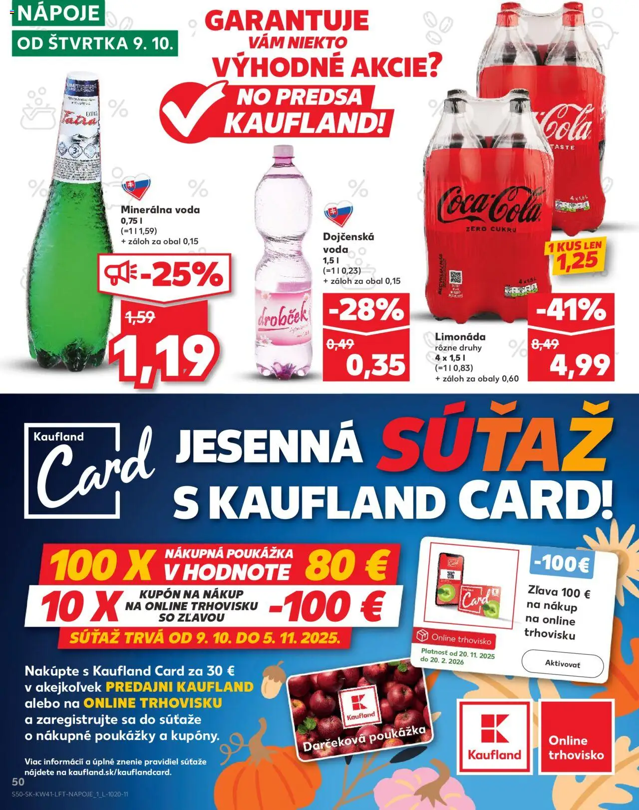 Nové Kaufland akcie – leták je platný od 09.10.2025 | Strana: 50 | Produkty: Voda, Minerálna voda, Cola