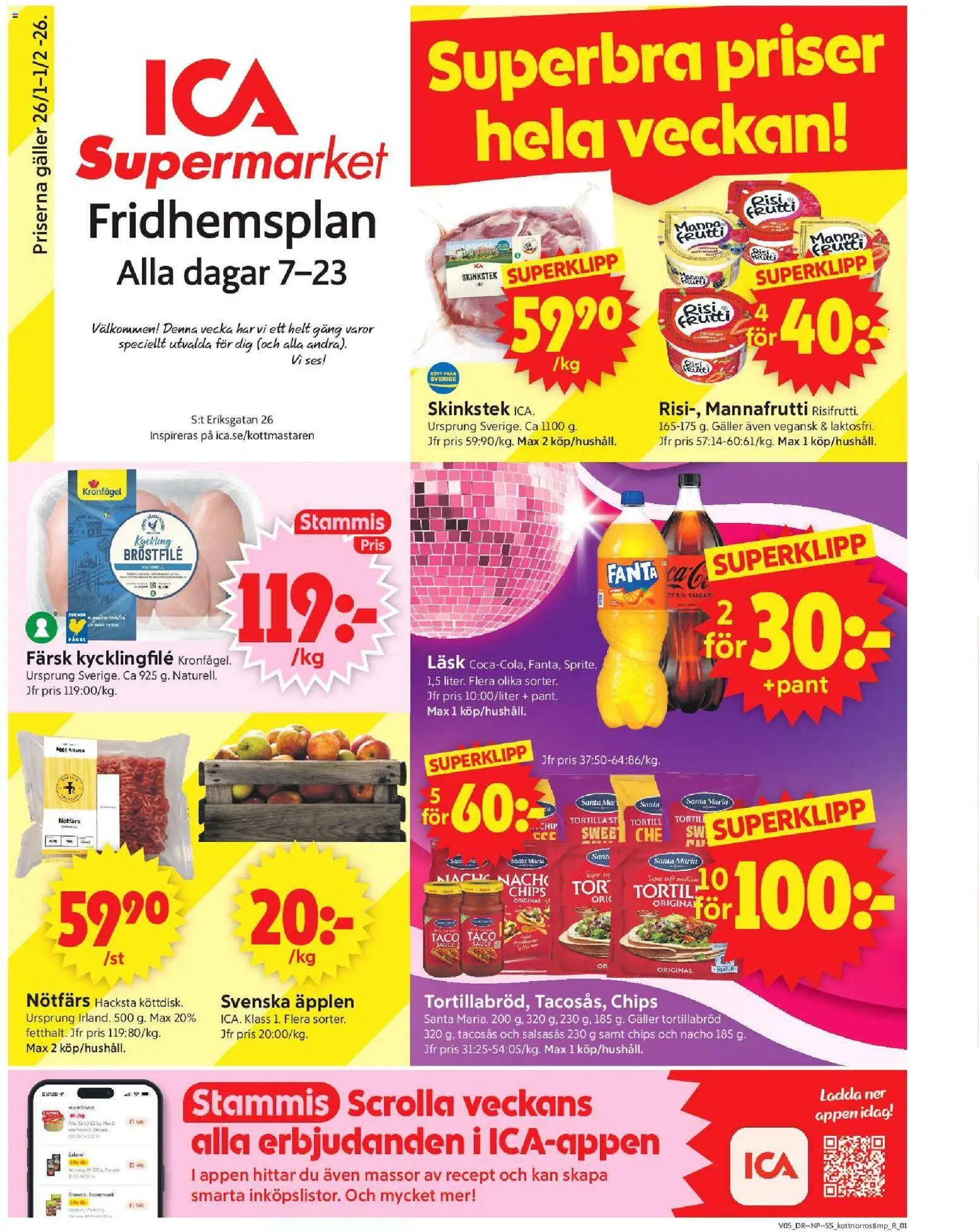 ICA Supermarket reklamblad aktuell från 26.01.2026 | Sida: 1 | Produkter: Tortilla, Kycklingfile, Fanta, Äpplen
