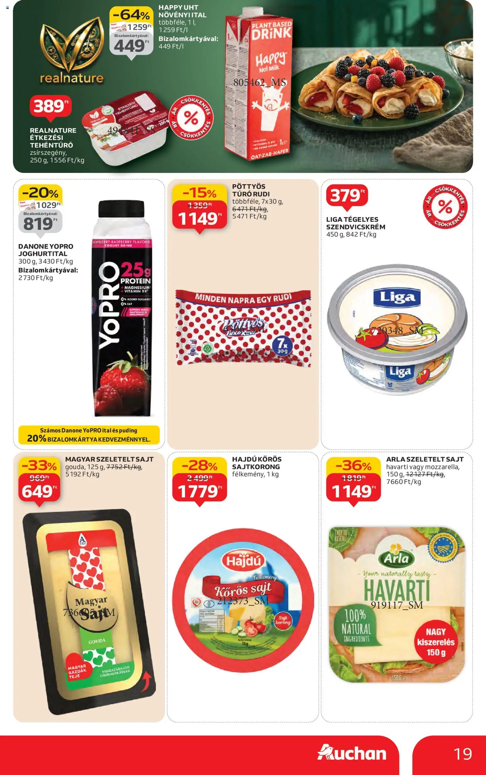 Auchan akciós ujság - amely érvényes a következő dátumtól: 22.01.2026 | Oldal: 19 | Termékek: Szendvicskrém, Gouda, Protein, Túró