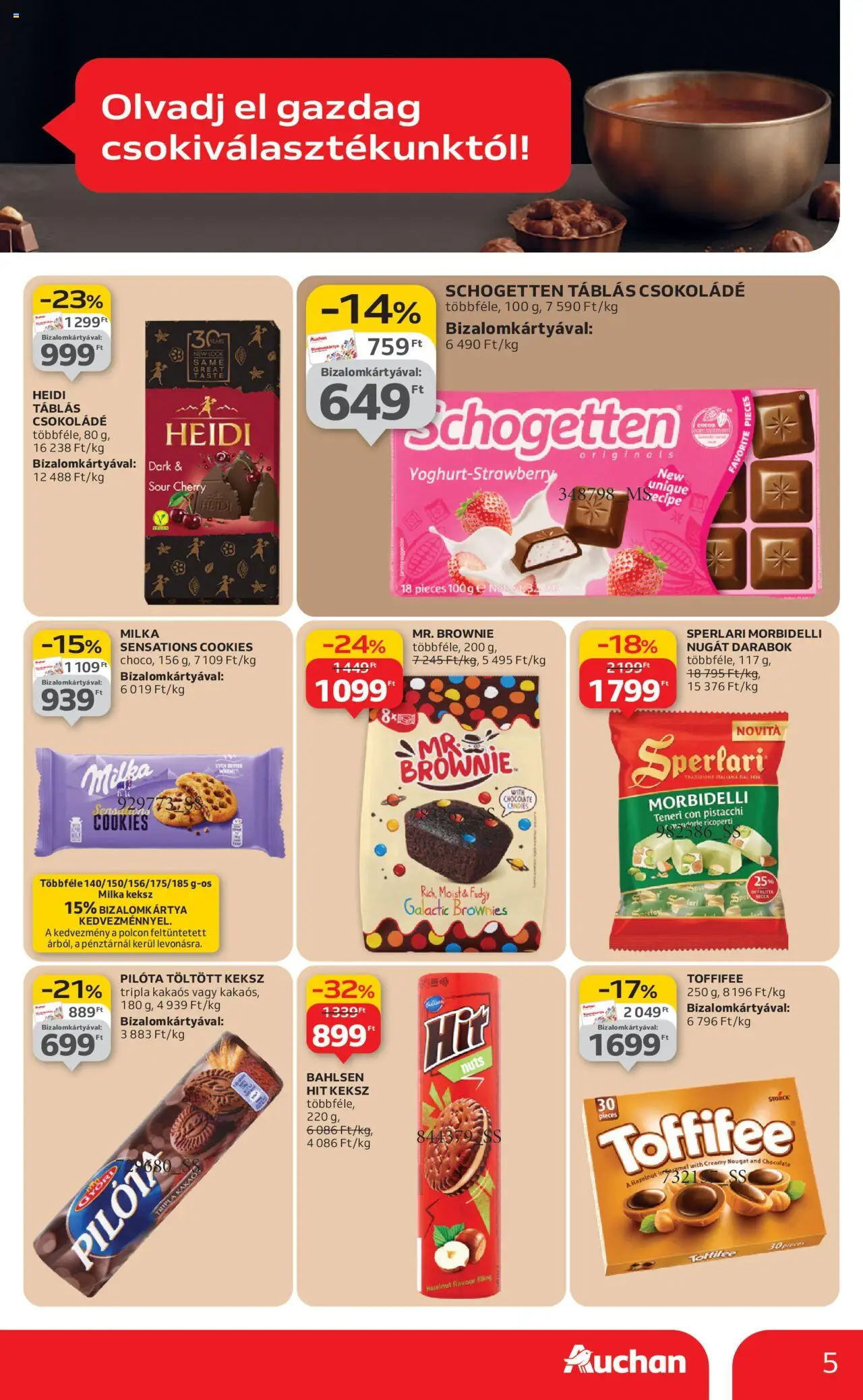 Auchan akciós ujság - amely érvényes a következő dátumtól: 09.10.2025 | Oldal: 5 | Termékek: Toffifee, Csokoládé, Brownie, Keksz