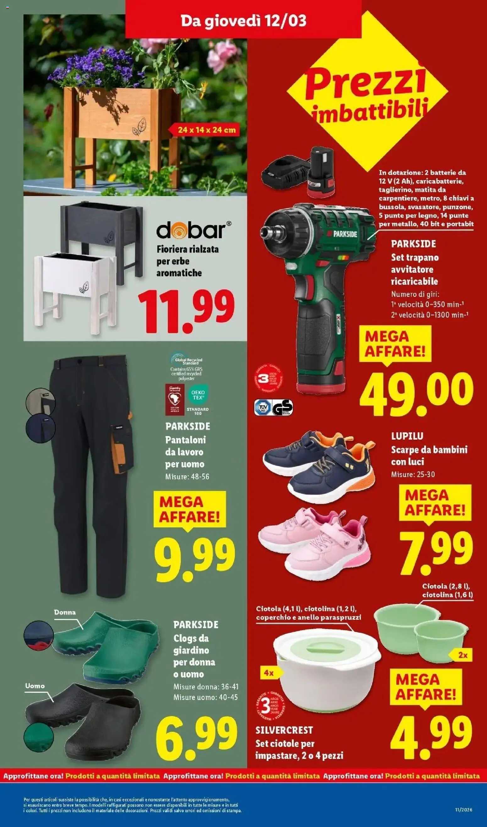 Volantino Lidl del 09.03.2026 | Pagina: 45 | Prodotti: Avvitatore, Scarpe, Fioriera, Trapano