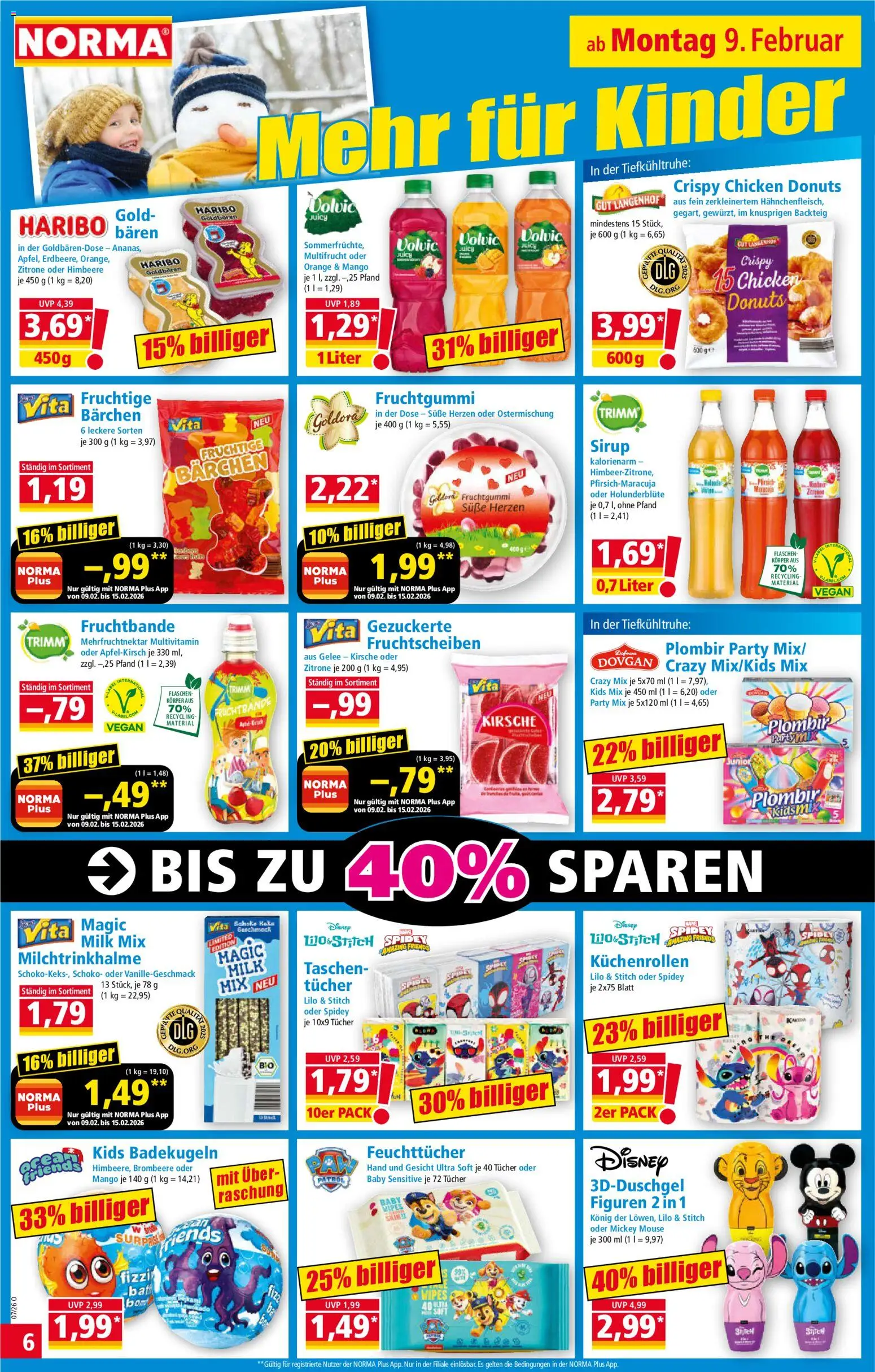 Norma Prospekt 	 – gültig ab 09.02.2026 | Seite: 6 | Produkte: Haribo, Sirup, Donuts, Volvic