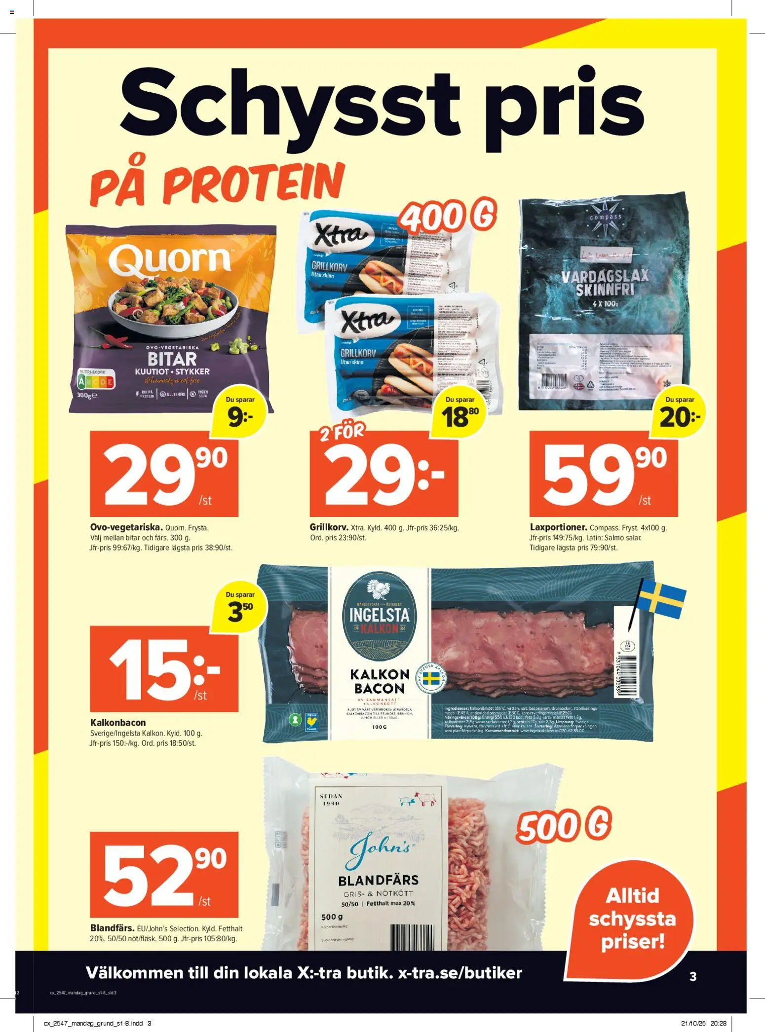 Coop X:-TRA reklamblad aktuell från 17.11.2025 | Sida: 3 | Produkter: Bacon, Grillkorv, Blandfärs, Kalkon