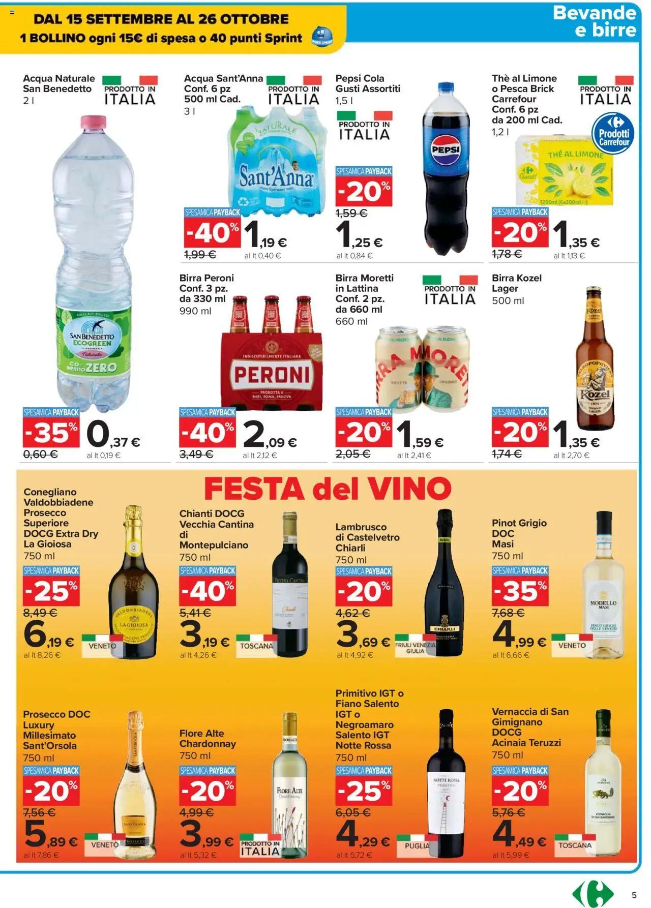 Volantino Carrefour del 02.10.2025 | Pagina: 5 | Prodotti: Birra, Pesca, Acqua naturale, Pepsi