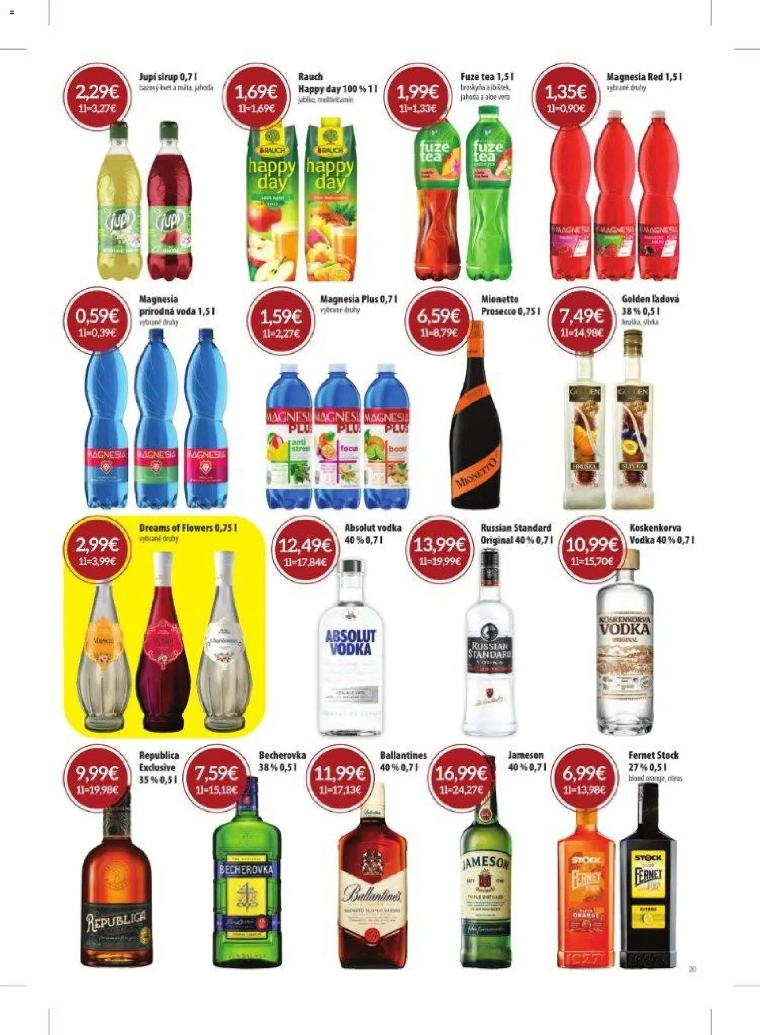 Nové KARMEN CBA akcie – leták je platný od 05.03.2026 | Strana: 20 | Produkty: Becherovka, Prosecco, Absolut vodka, Fernet