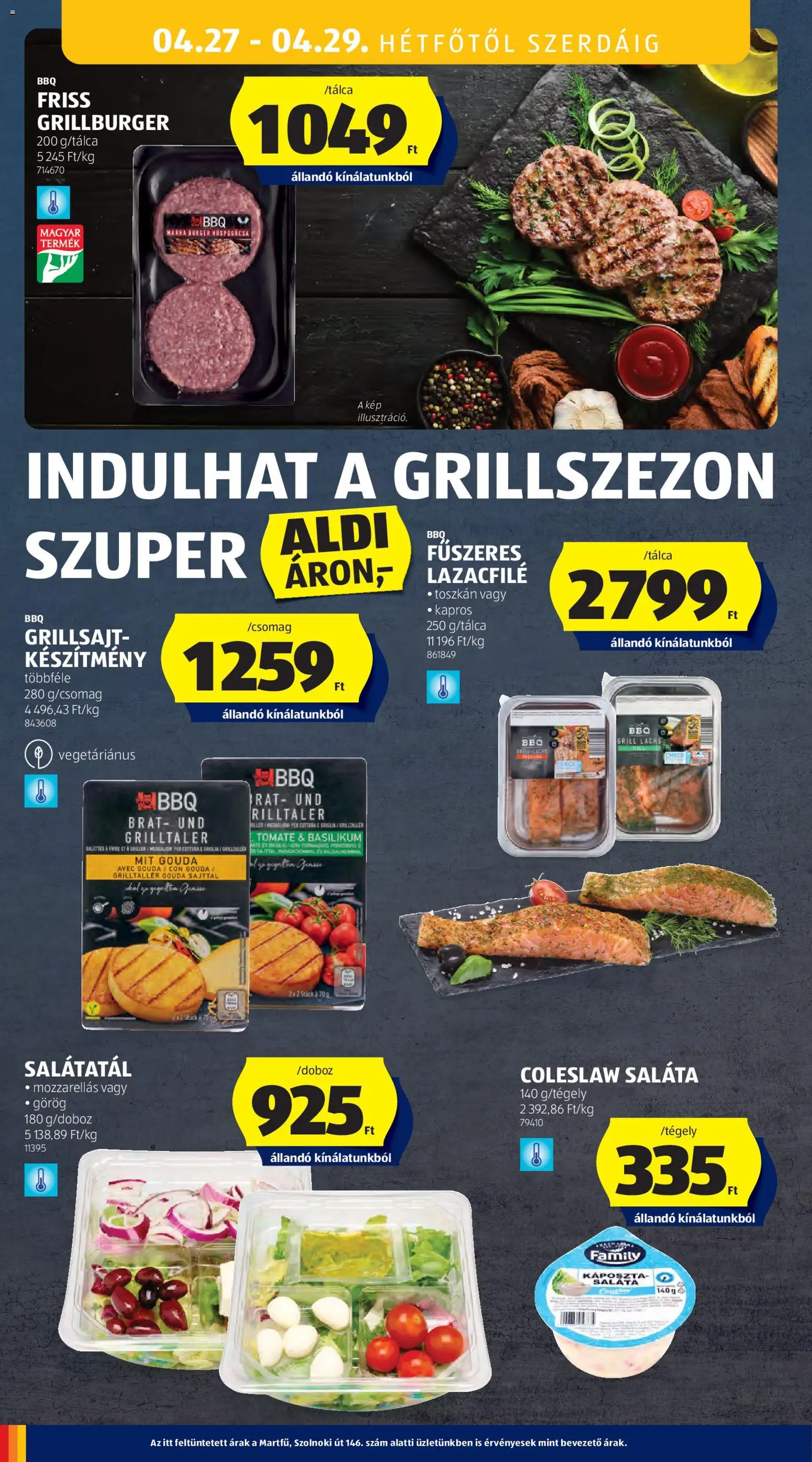 Aldi akciós ujság - amely érvényes a következő dátumtól: 23.04.2026 | Oldal: 44 | Termékek: Lazacfilé, Grillsajt, Gouda, Saláta