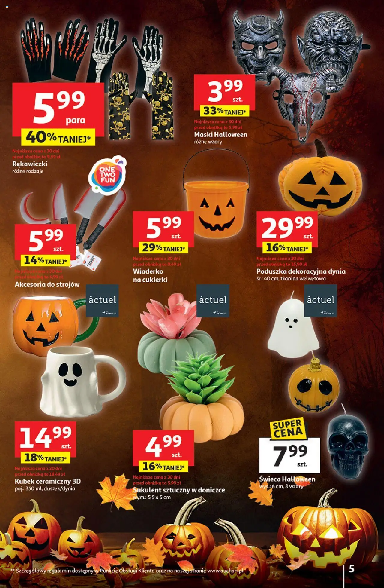 Auchan Gazetka - Pewność niskich cen Hipermarket od 18.09.2025 | Strona: 5 | Produkty: Dynia, Rękawiczki, Poduszka, Cukierki