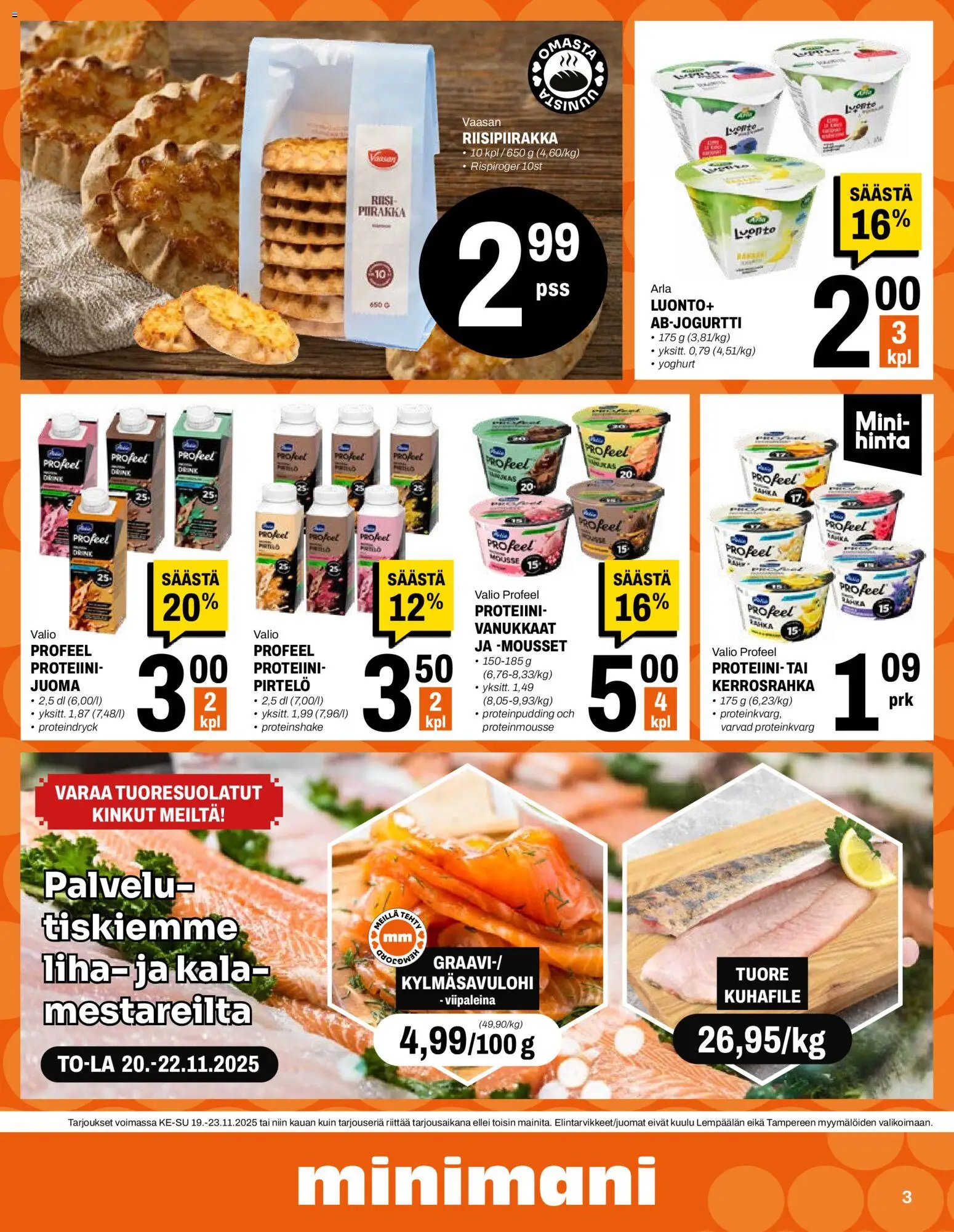 Minimani tarjoukset – voimassa 19.11.2025 alkaen | Sivu: 3 | Tuotteet: Mousse, Pirtelö, Kala