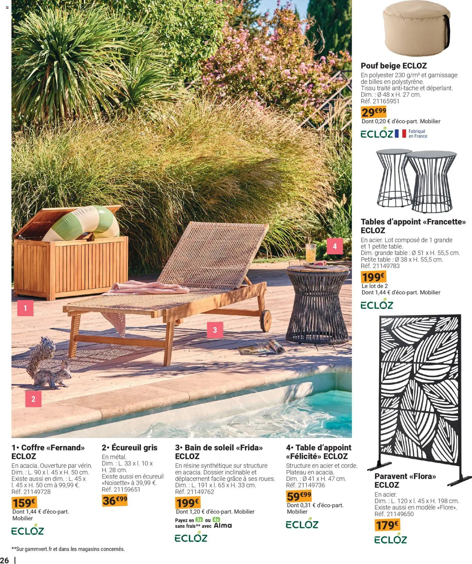 {H1} | Page: 26 | Produits: Paravent, Plateau, Bain de soleil, Table