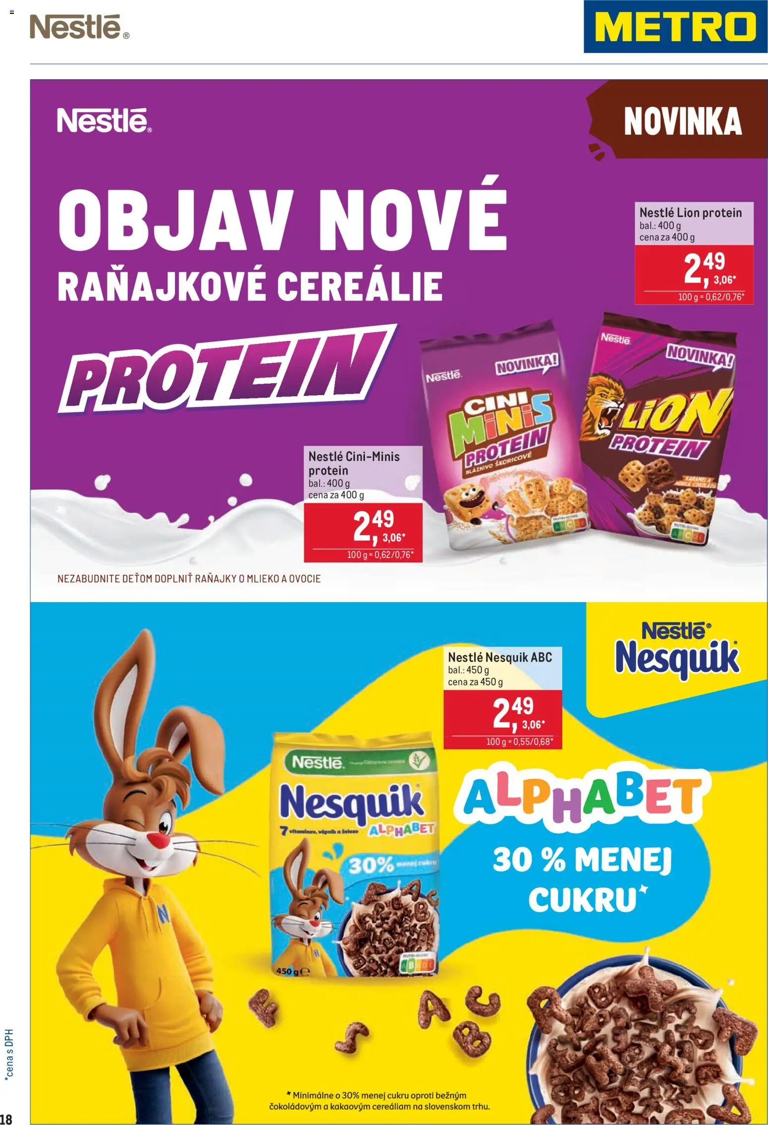 Nové Metro akcie – leták je platný od 25.03.2026 | Strana: 18 | Produkty: Protein, Cereálie, Nesquik, Ovocie