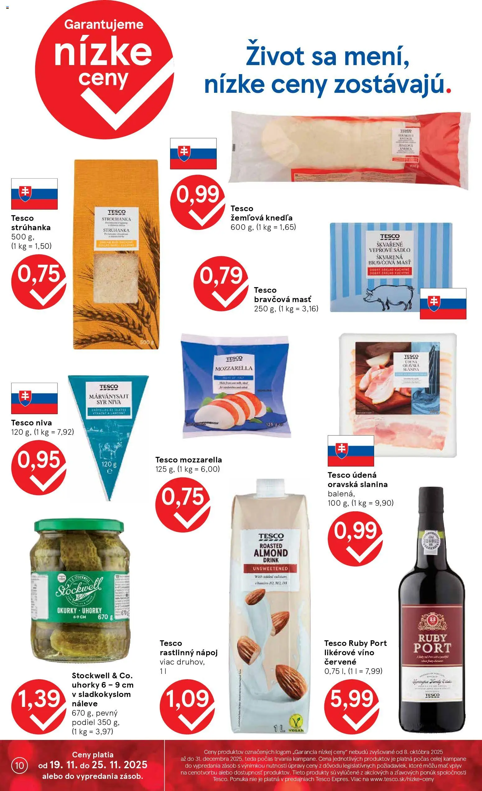 Nové Tesco akcie – leták je platný od 19.11.2025 | Strana: 10 | Produkty: Víno, Slanina, Mozzarella, Uhorky