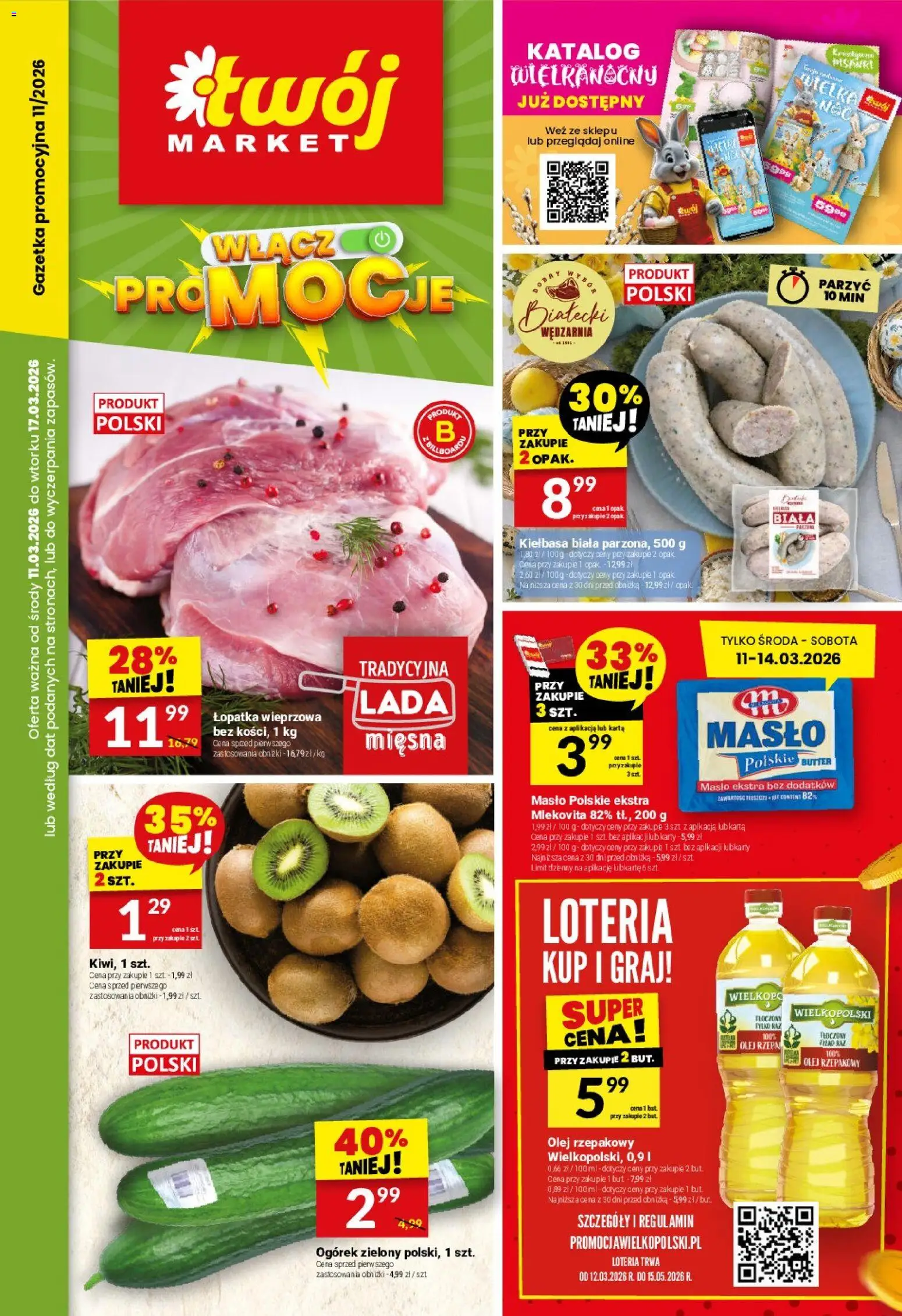 Twój Market gazetka od 11.03.2026 | Strona: 1 | Produkty: Olej rzepakowy, Łopatka wieprzowa, Masło, Olej
