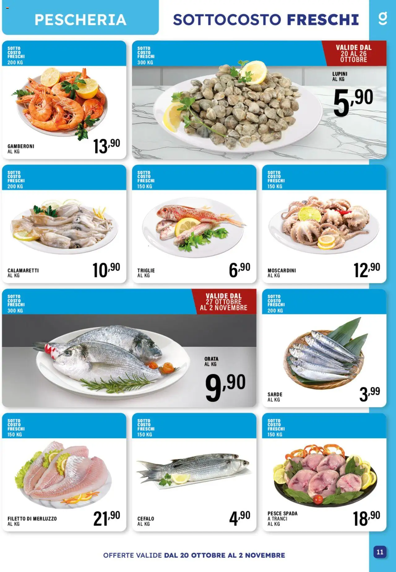Volantino GECOP del 20.10.2025 | Pagina: 11 | Prodotti: Lupini, Merluzzo, Gamberoni, Pesce spada