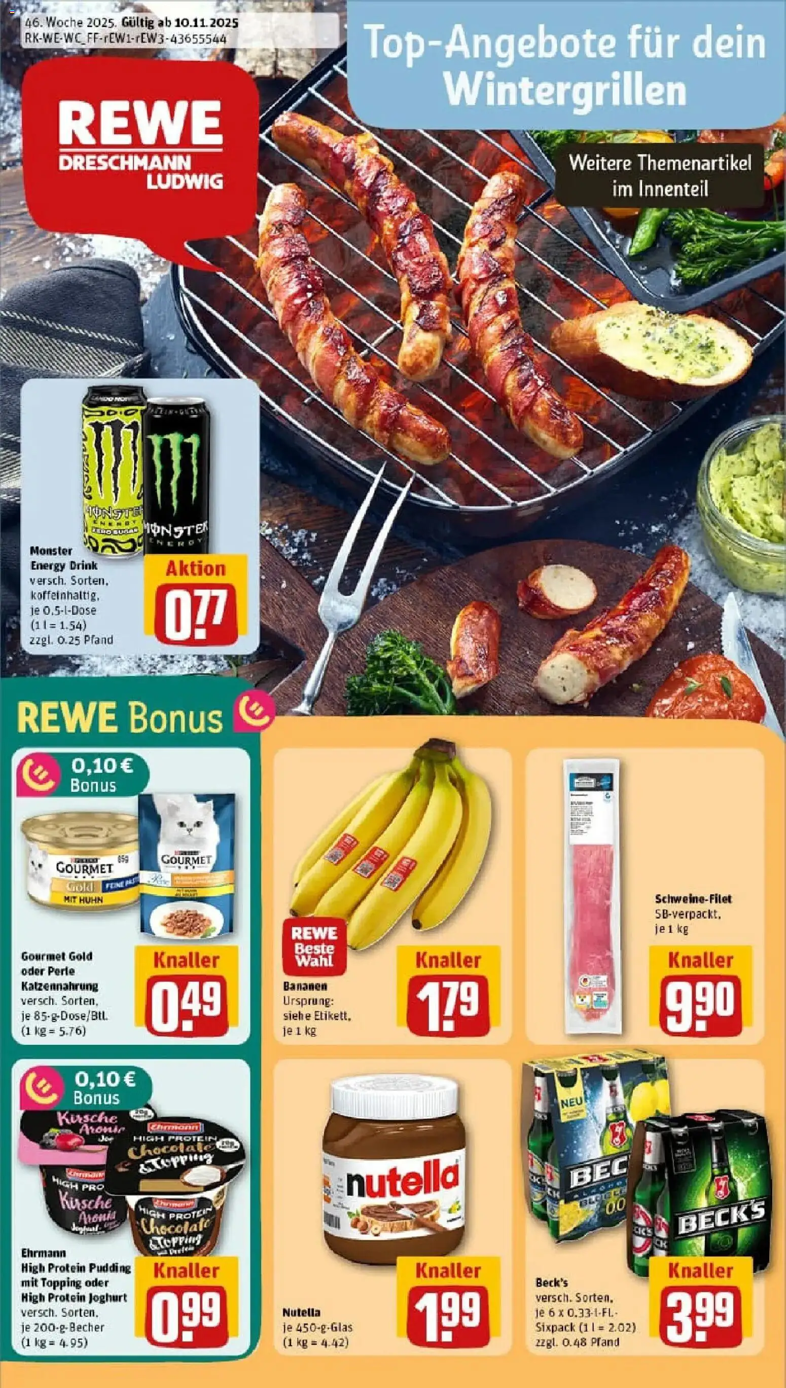 Rewe prospekt Langenfeld	 – gültig ab 10.11.2025 | Seite: 1 | Produkte: High protein pudding, Joghurt, Bananen, Schweinefilet