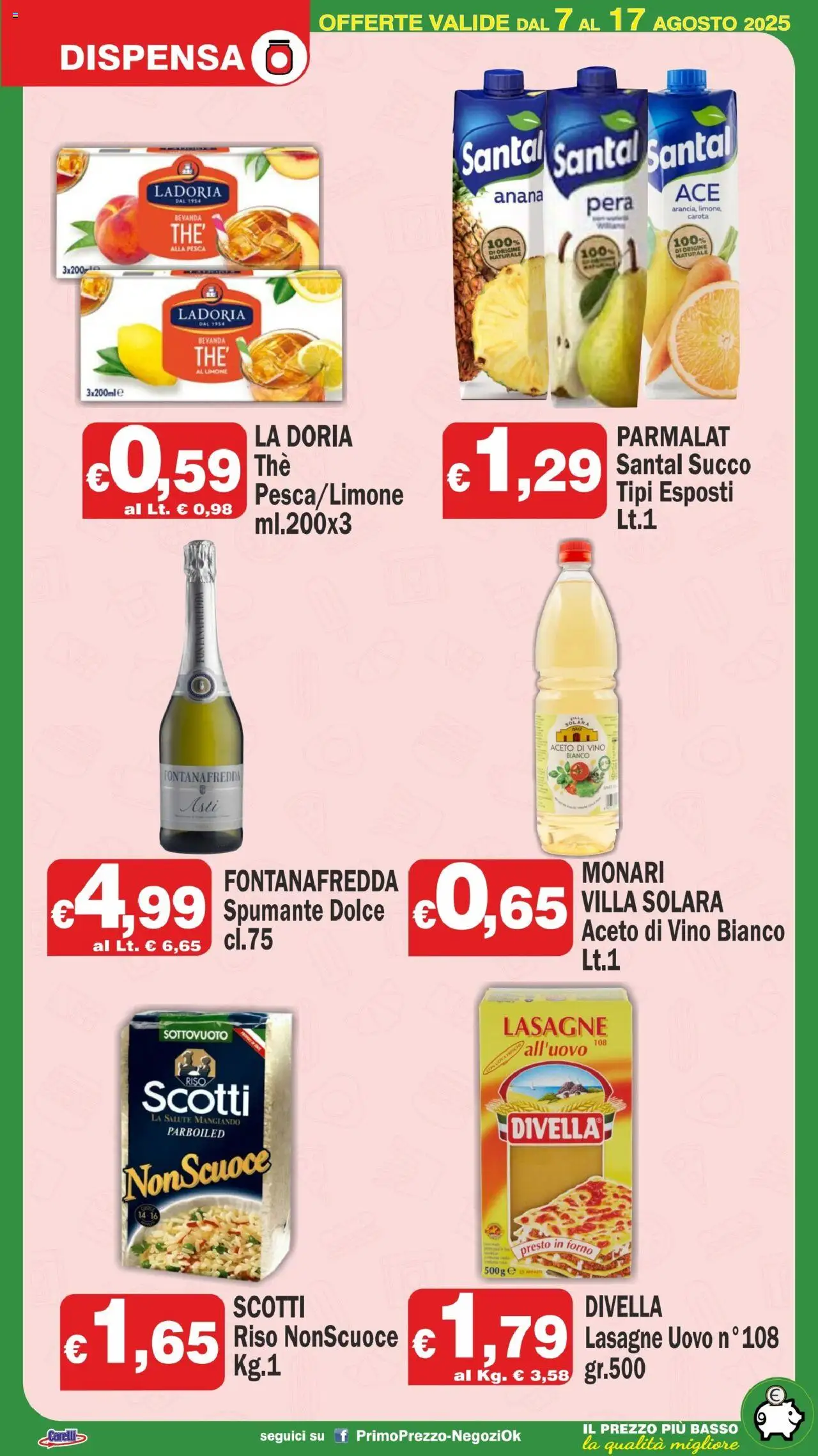 Volantino Primo Prezzo del 07.08.2025 | Pagina: 8 | Prodotti: Riso, Carota, Pera, Spumante