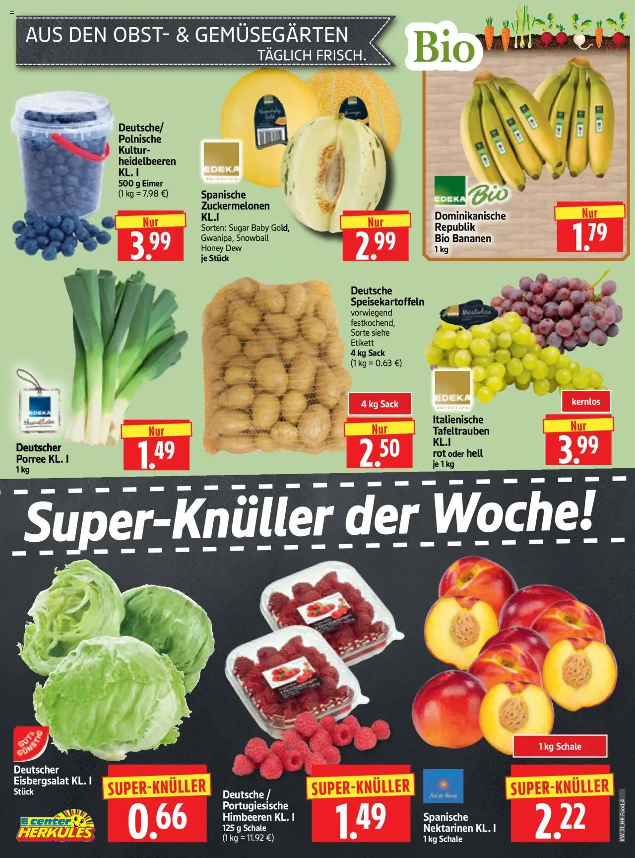 HERKULES Prospekt 	 - gültig ab dem 28.07.2025 | Seite: 4 | Produkte: Bananen, Eisbergsalat, Heidelbeeren, Obst