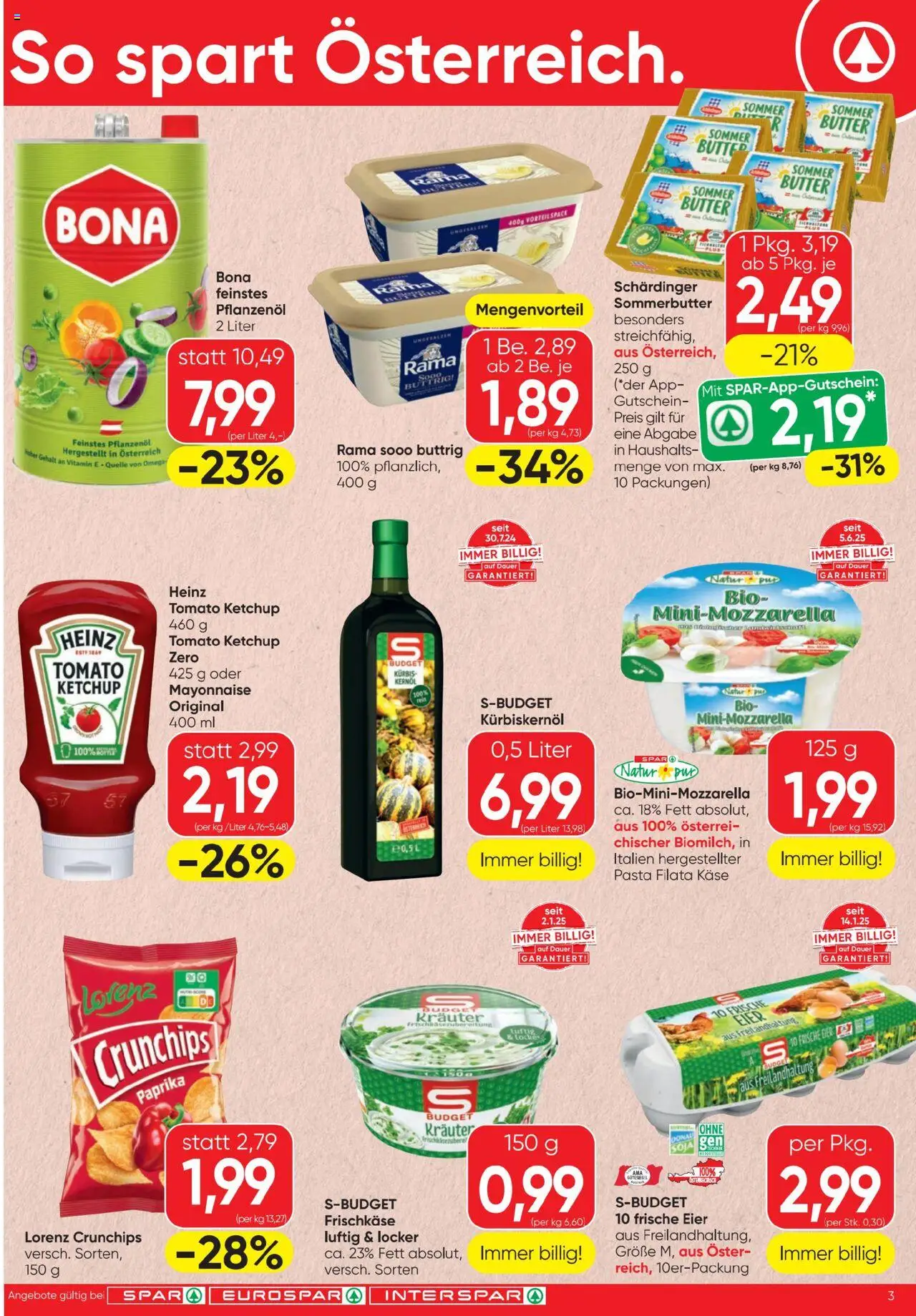 Spar Flugblatt gültig ab 31.07.2025 | Seite: 3 | Produkte: Pasta, Mayonnaise, Käse, Eier