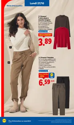 LIDL - Prévisualisation de Esmara® T-shirt côtelé à manches longues, Du S au XL selon modèle. Ex. 67% polyester (recyclé), 28% viscose (viscose de Lenzing) et 5% élasthanne (LYCRA®). valide à partir de 27.10.2025 | Page: 4 | Produits: T-shirt, Pantalon