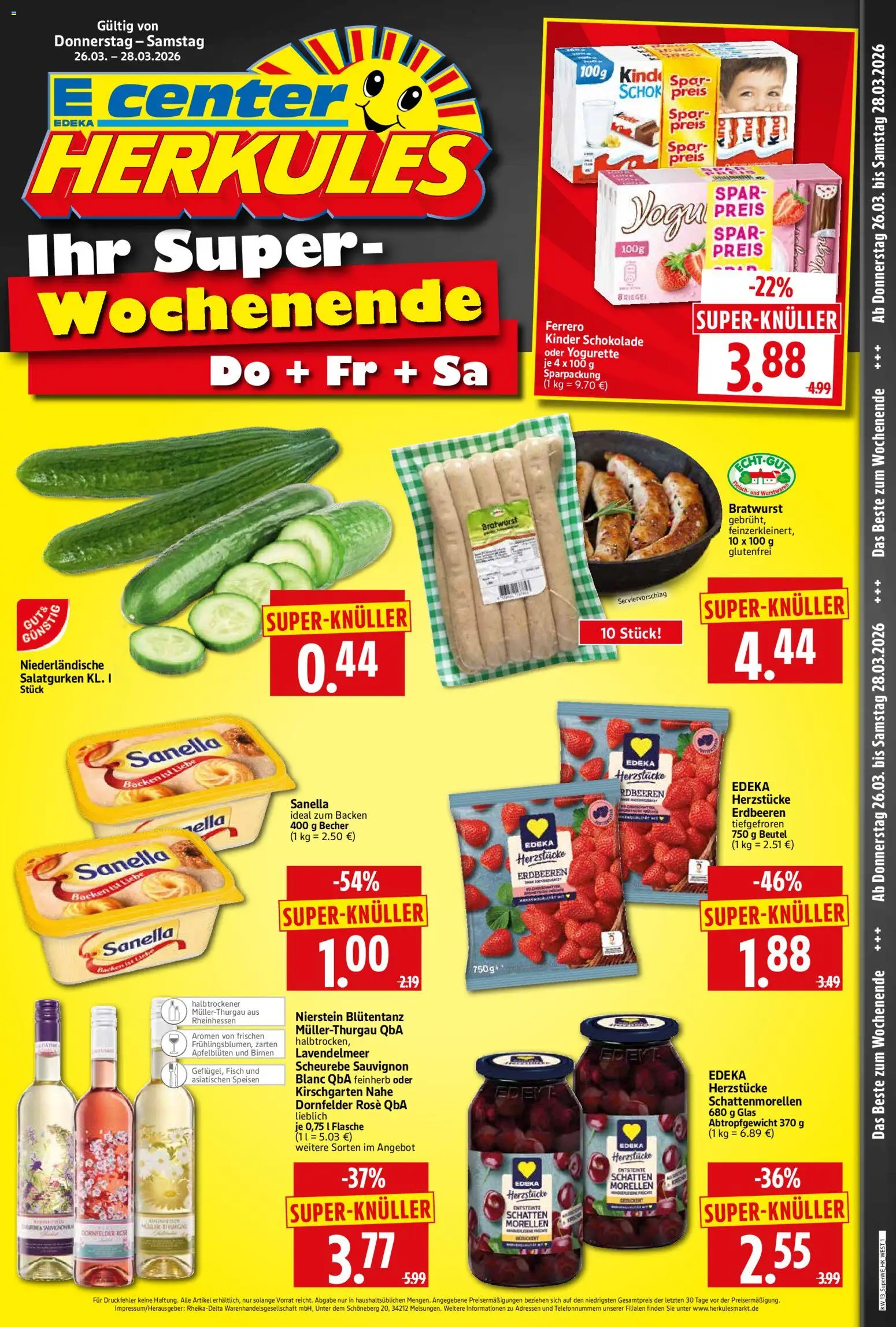 HERKULES Sonderbeilage – gültig ab 26.03.2026 | Seite: 1 | Produkte: Schokolade, Bratwurst, Sanella, Fleisch