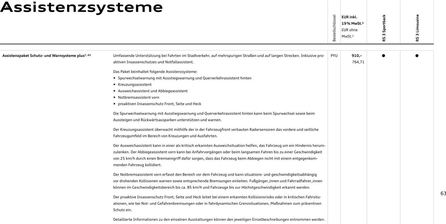 Audi RS 3 Sportback / RS 3 Limousine – gültig ab 25.10.2025 | Seite: 63