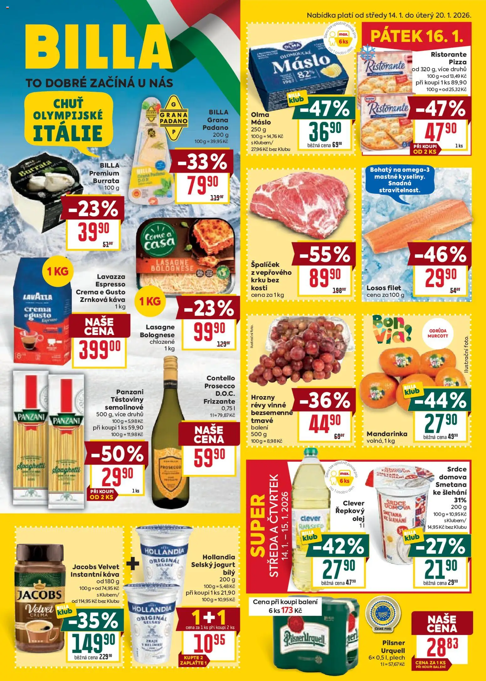 Billa Malý leták od 14.01.2026 | Strana: 1 | Produkty: Máslo, Těstoviny, Burrata, Lasagne
