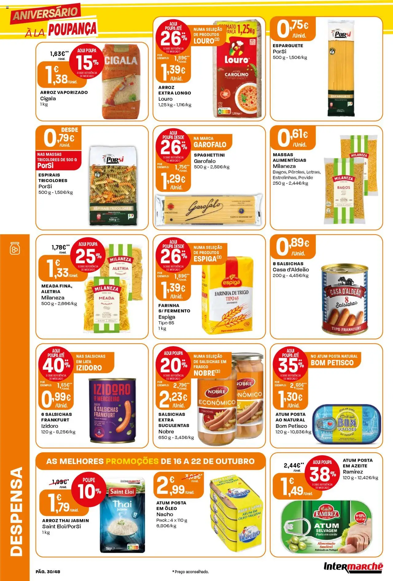 Intermarché folheto │ válido de 16.10.2025 | Página: 30 | Produtos: Esparguete, Milaneza, Óleo, Arroz