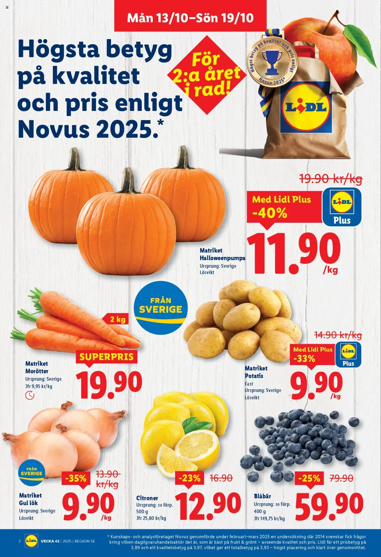 Lidl reklamblad aktuell från 13.10.2025 | Sida: 2 | Produkter: Gul lök, Potatis, Blåbär