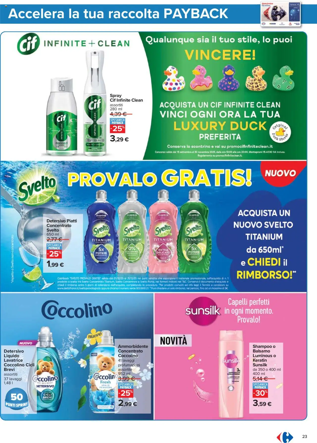 Volantino Carrefour del 23.10.2025 | Pagina: 23 | Prodotti: Shampoo, Balsamo, Ammorbidente, Lavatrice