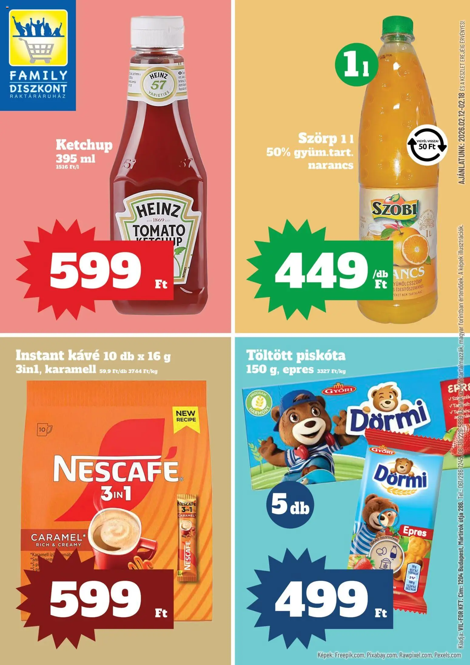 Family Diszkont akciós ujság - amely érvényes a következő dátumtól: 12.02.2026 | Oldal: 1 | Termékek: Szörp, Kávé, Narancs, Ketchup