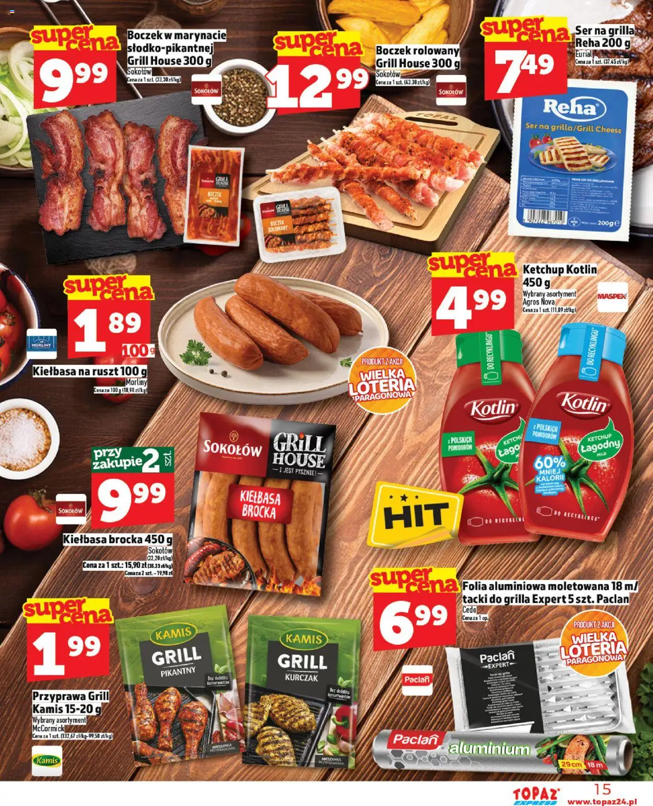 Topaz Gazetka - Express od 21.08.2025 | Strona: 15 | Produkty: Kiełbasa, Ketchup, Ruszt, Ser na grilla