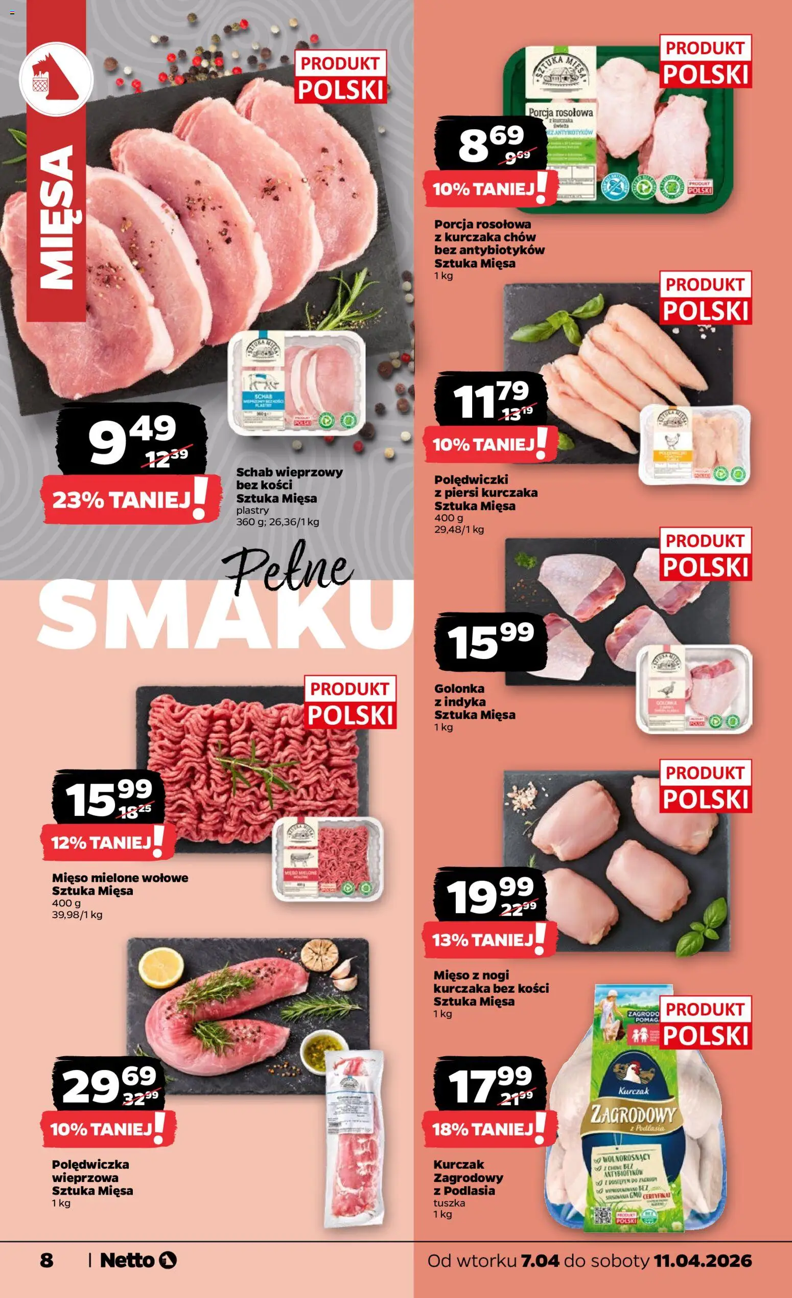 Netto gazetka od wtorku spożywcza od 07.04.2026 | Strona: 8 | Produkty: Kurczak, Mięso, Schab wieprzowy, Mięso mielone