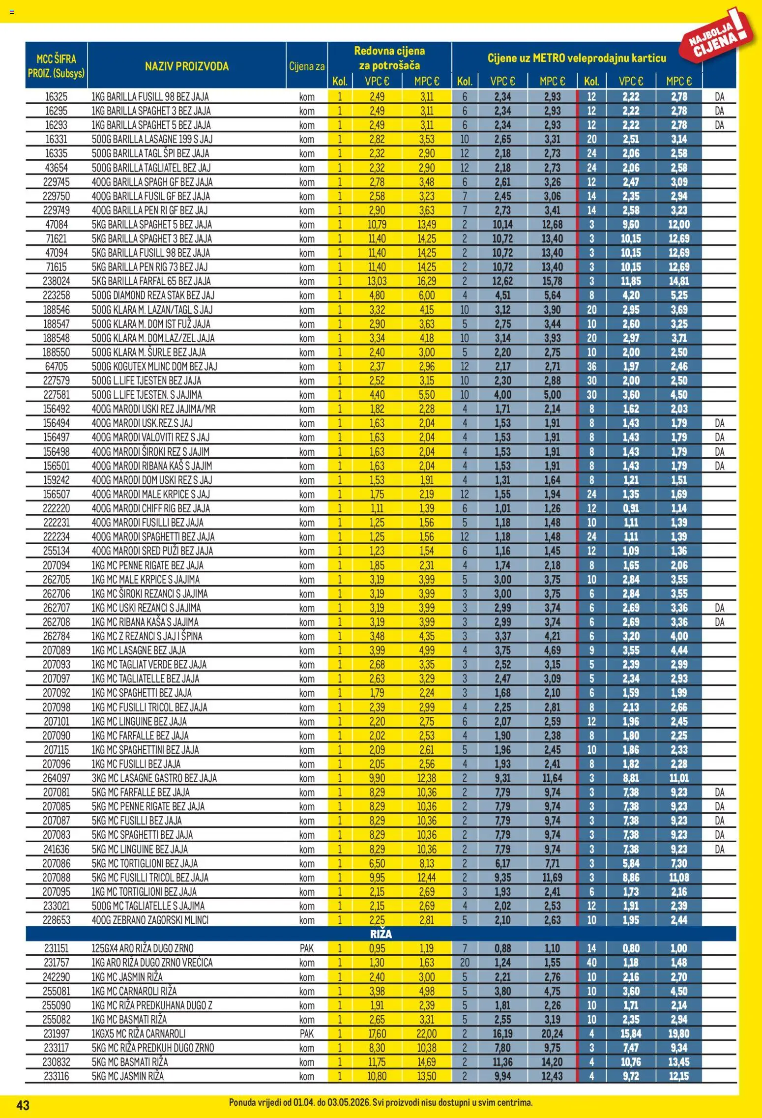 Metro katalog | vrijedi od 01.04.2026 | Stranica: 43 | Proizvodi: Lasagne, Jaja, Riža, Rezanci