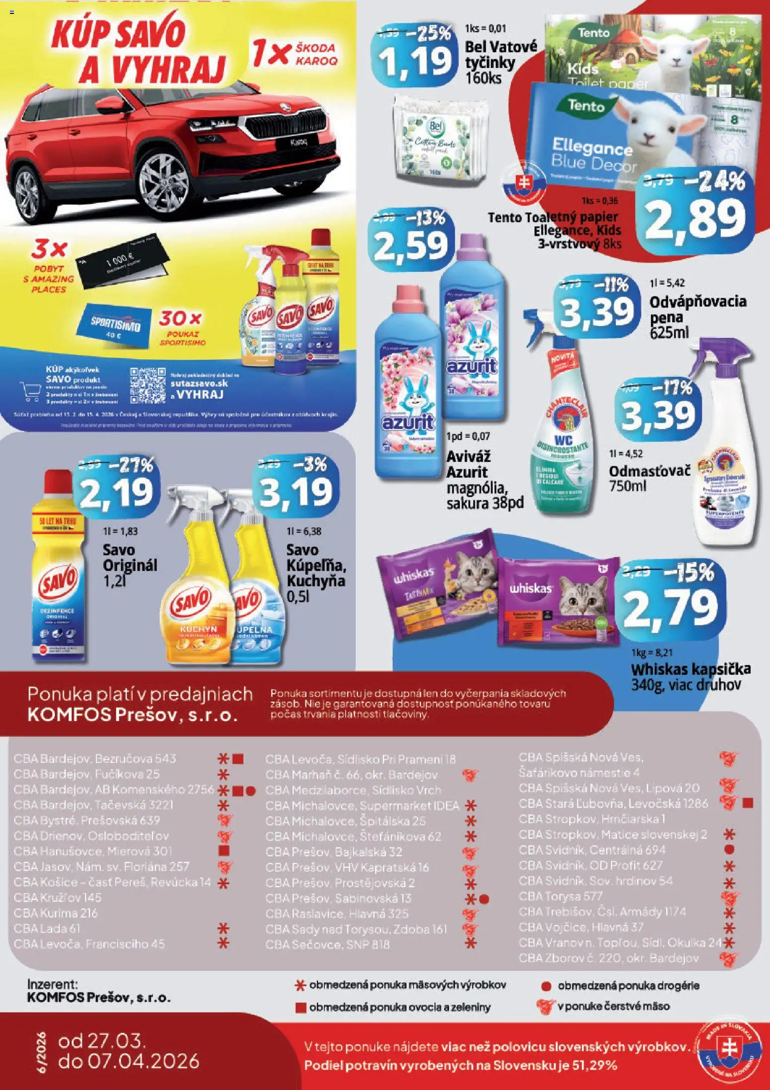 Nové CBA Komfos akcie – leták je platný od 27.03.2026 | Strana: 16 | Produkty: Kuchyňa, Toaletný papier, Aviváž