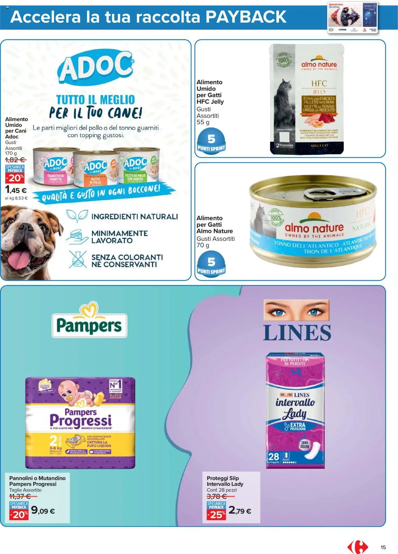 Volantino Carrefour del 20.10.2025 | Pagina: 15 | Prodotti: The, Pampers, Tonno, Topping